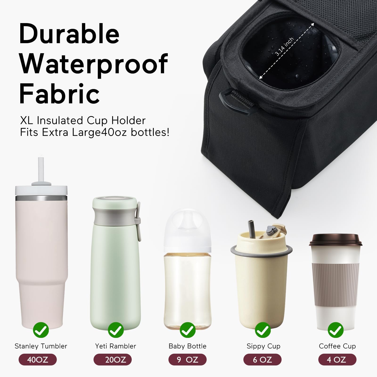 Momcozy Universal Baby Stroller Organizer, 2 Insulated Cup Holder, Detachable Zippered Pocket, Adjustable Shoulder Strap, Large capacity for baby essentials, Compact Design Fits Any Strollers