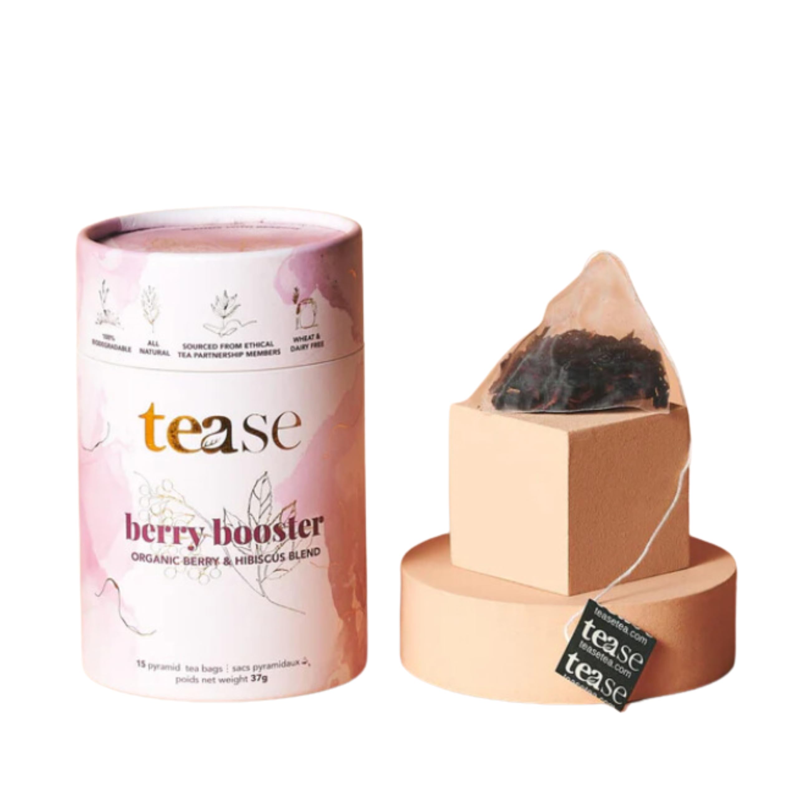 Tease Tea Organic Tea Tube Gift Set | 15 Piece Botanical Pyramid Tea Bag Infuser Sachets Loose Leaf Support Citrusy Blend with Rooibos, Peppermint, Valerian Root Caffeine Free 37g (Golden Slumbers)