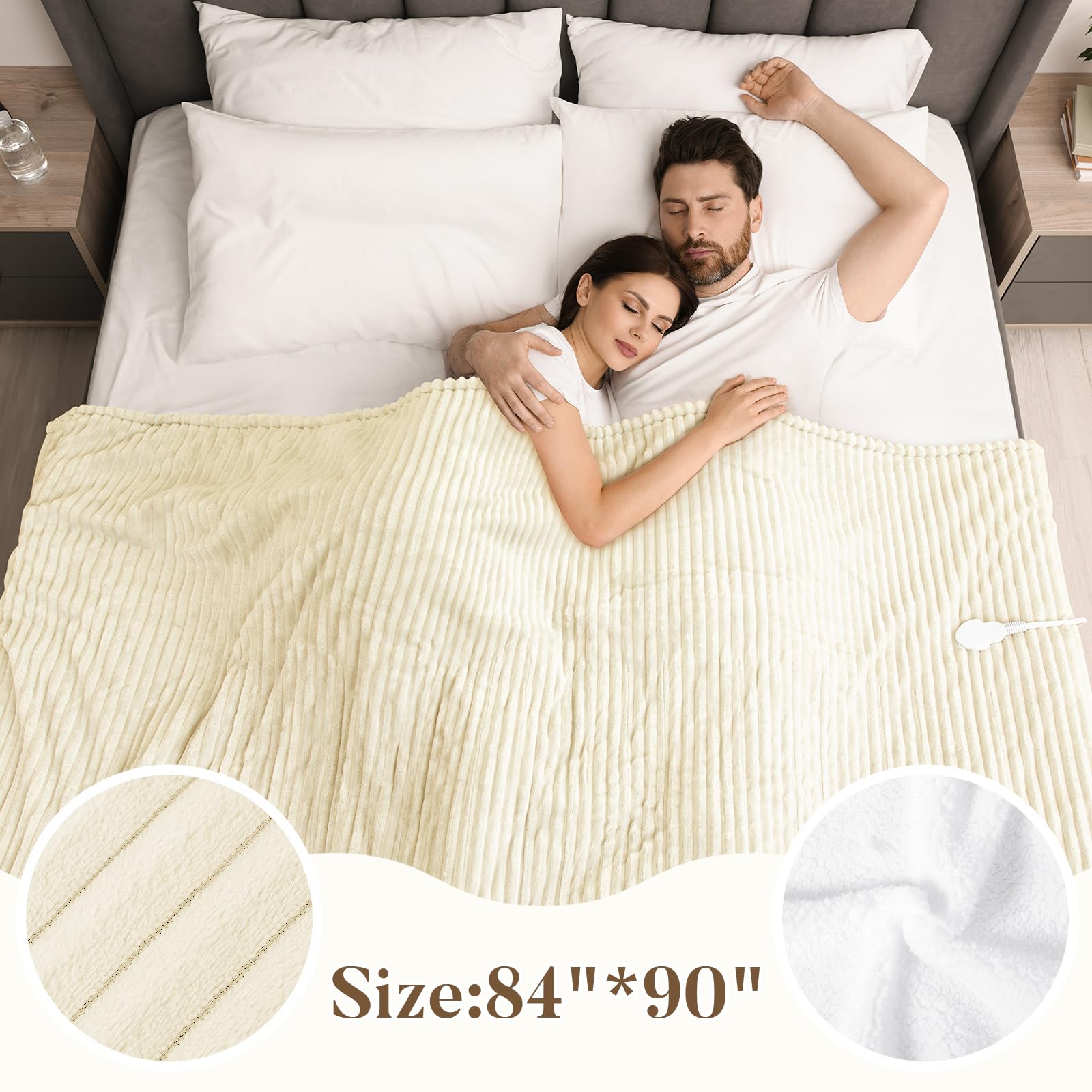 Electric Blanket Heated Throw, Heated Blanket Soft Flannel Heating Blanket Queen Size Machine Washable ETL&FCC Certification (Beige, 84 * 90)