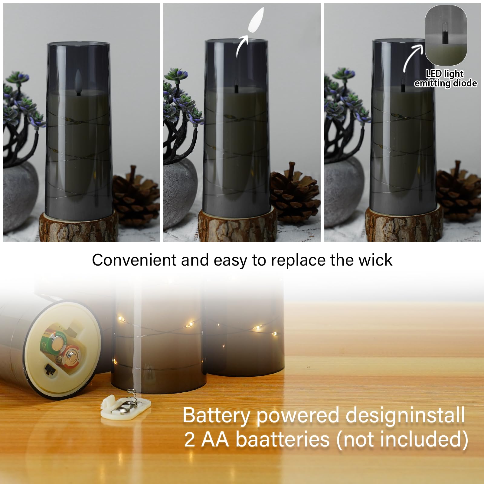 Flameless LED Candles with Timer 5 Pc Flickering Flameless Candles for Romantic Ambiance and Home Decoration Stable Acrylic Shell,with Embedded Star String,Battery Operated Candles(Grey)