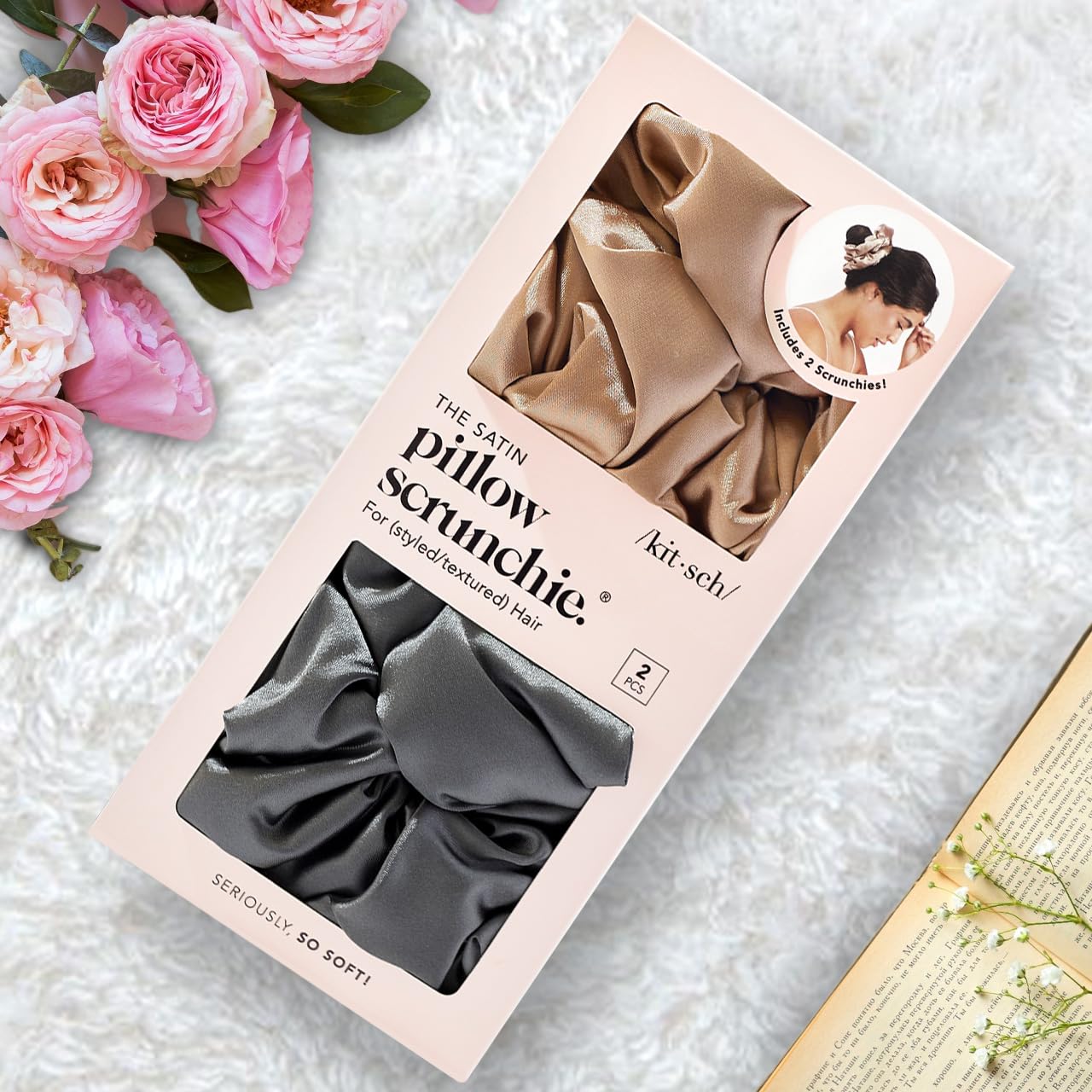 Kitsch 5 Count Velvet Hair Scrunchies for Women - Hair Ties for Thick Hair, Girls, Women, Cute Scrunchies, Soft Hair Accessories, Blush/Mauve