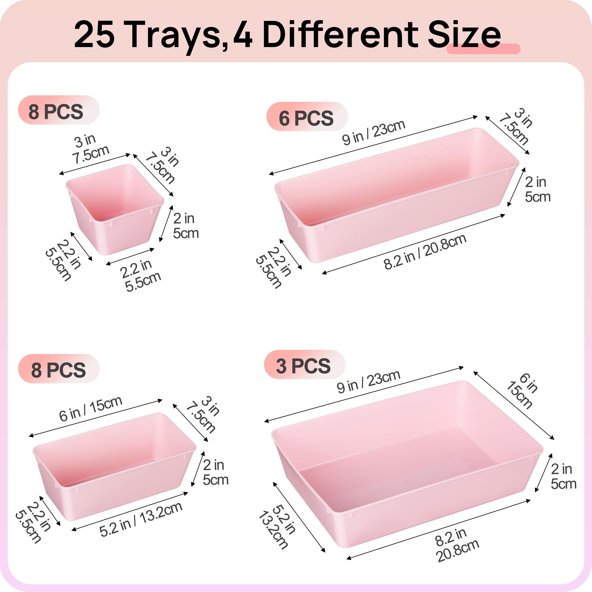 Vtopmart 25 PCS Clear Plastic Drawer Organizers Set, 4-Size Versatile Bathroom and Vanity Drawer Organizer Trays, Storage Bins for Makeup, Bedroom, Kitchen Gadgets Utensils and Office