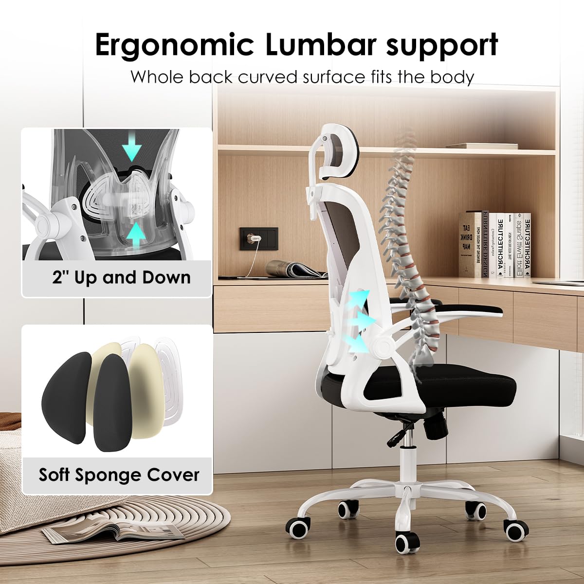 Farini Ergonomic Office Chair, Home Office Desk Chair with Headrest, High Back Computer Chair with Flip-up Armrests and Adjustable Lumbar Support for Home Office Study Bedroom, Khaki.
