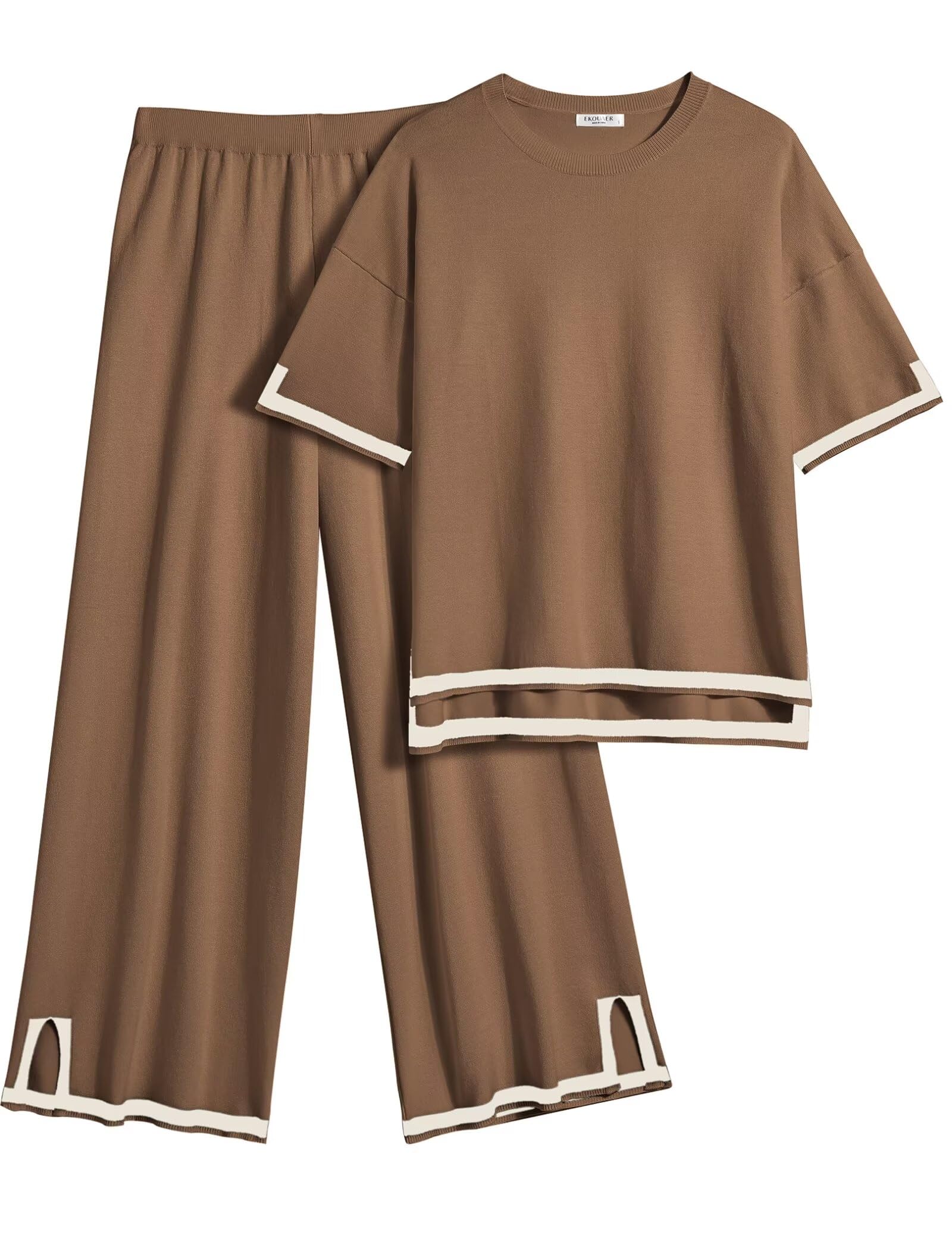 Ekouaer Lounge Set for Women 2 Piece Sets Loungewear Set Outfits Knit Sweater Sets Wide Leg Long Pants Pajama Set