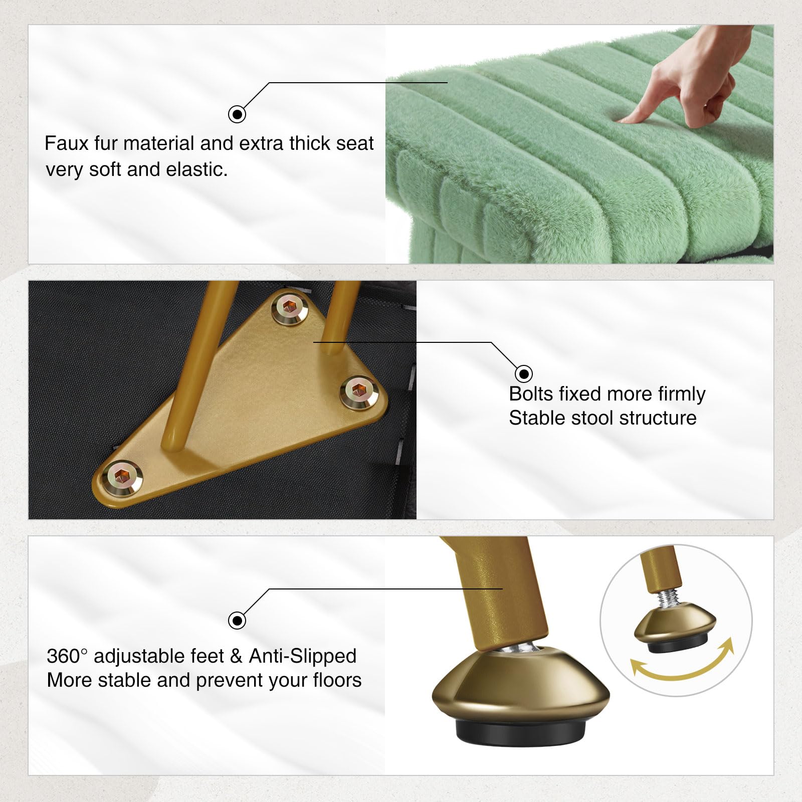Greenstell Vanity Stool Chair Faux Fur with Storage, 19.4" H x 15.7" L x 11.8" W Soft Ottoman 4 Metal Legs with Anti-Slip Feet, Furry Padded Seat, Modern Multifunctional Chairs for Makeup, Bedroom