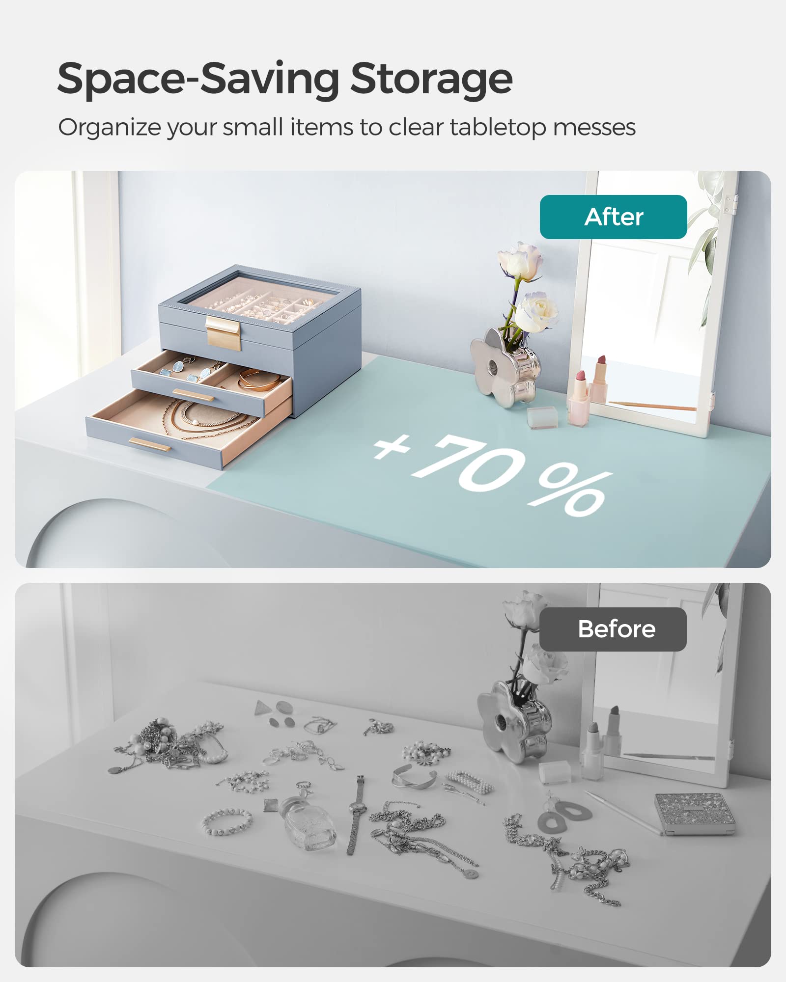 SONGMICS Jewelry Box with Glass Lid, 3-Layer Jewelry Organizer, 2 Drawers, for Big and Small Jewelry, Jewelry Storage, Modern Style, 8 x 9.1 x 5.3 Inches, Cloud White and Gold Color UJBC239WT