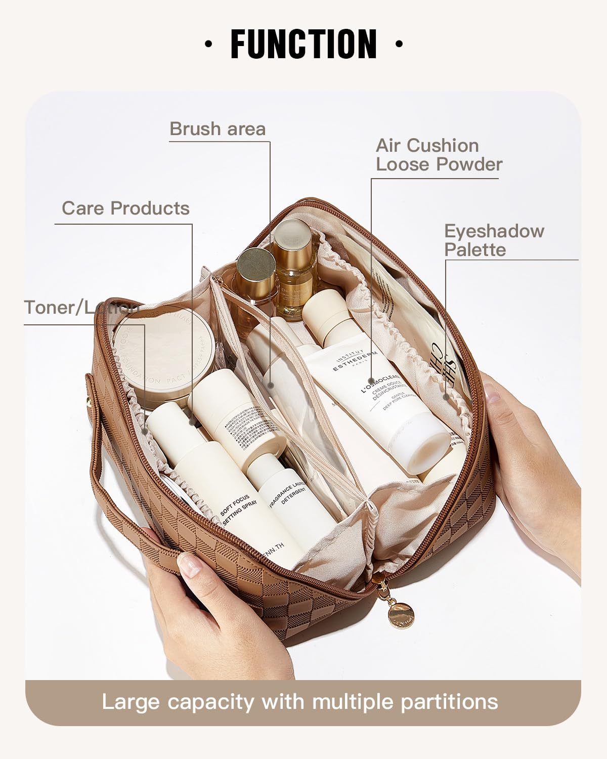 EACHY Travel Makeup Bag,Large Capacity Cosmetic Bags for Women,Waterproof Portable Pouch Open Flat Toiletry Bag Make up Organizer with Divider and Handle