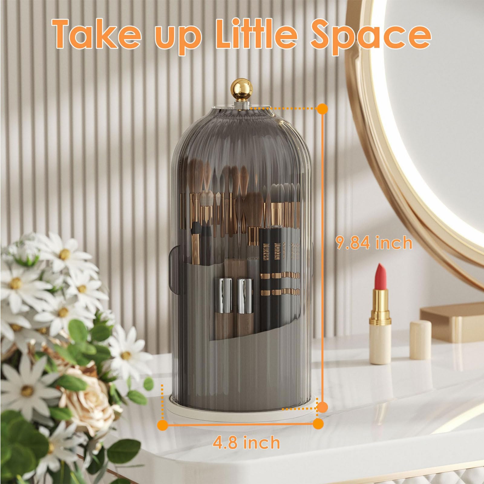 Makeup Brush Holder Organizer with Lid,360 Rotating Clear Dustproof Makeup Brushes Organizer for Vanity Desktop Bathroom Countertop (Transparent)