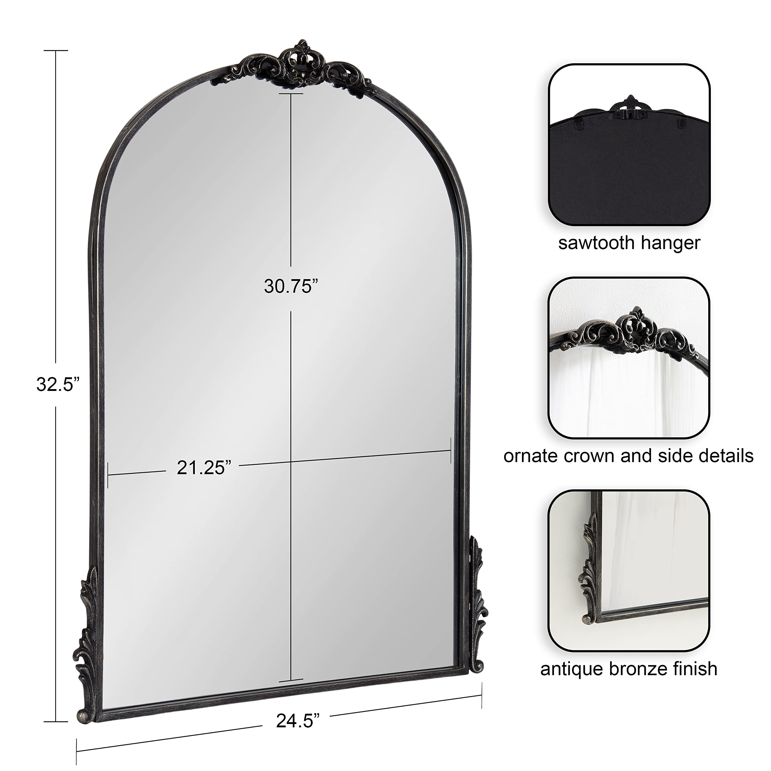 Kate and Laurel Myrcelle Traditional Arched Mirror, 25 x 33, Gold, Decorative Large Arch Mirror with Ornate Garland Detailing Along The Crown and Edges of The Frame