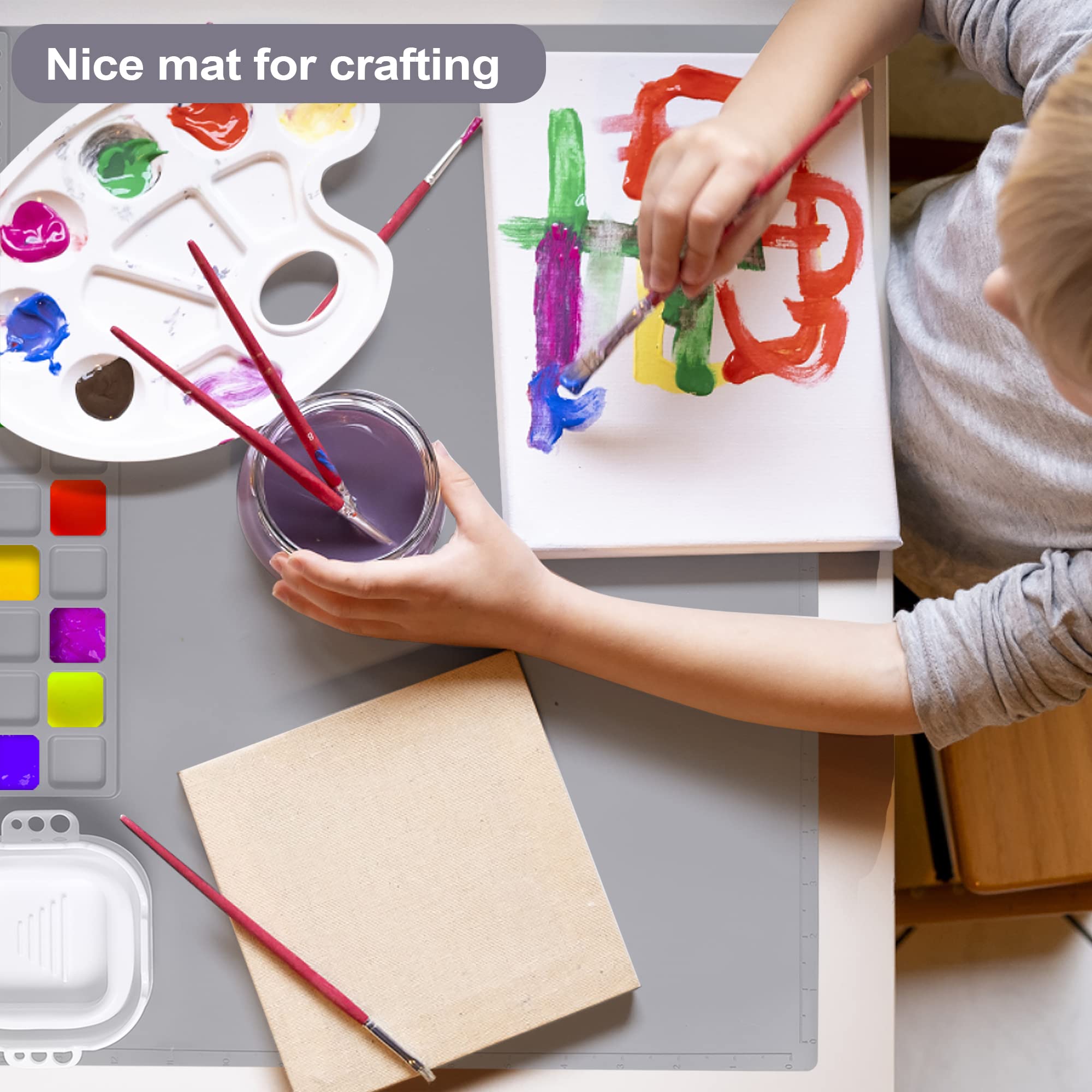 AWOKE Silicone Painting Mat - 20"X16" Silicone Art Mat with 1 Water Cup for Kids - Silcone Craft Mat has12 Color Dividers - 2 Paint Dividers (White)
