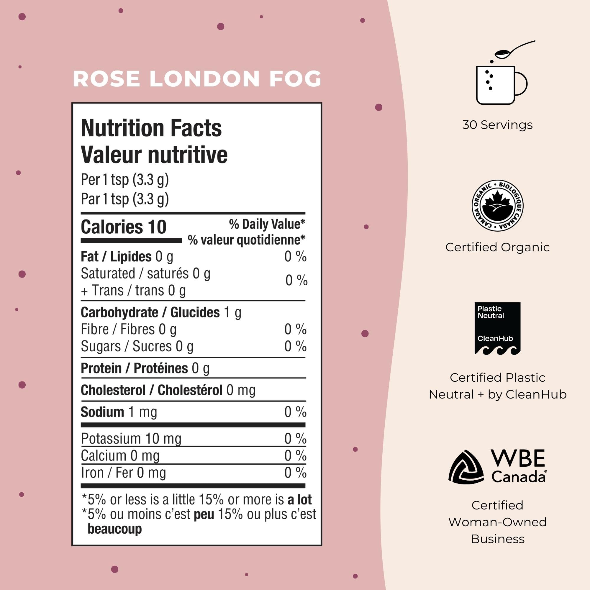 Blume Rose London Fog Latte with Zero Sugar or Caffeine - Certified Organic, Vegan and Gluten-Free - Tart Cherry & Rosehips blend rich Antioxidant & Vitamin to Ease Bloating and Boost Your Natural Glow - 30 Servings