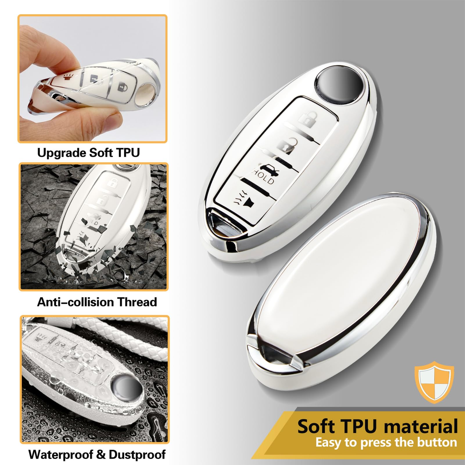 Cadillac Key Fob Cover with Metal Braided Rope Keychain, Upgraded Soft Key Case for 2015-2019 Escalade CTS SRX XT5 ATS STS CT6 (5 Button) (Gold Edge)