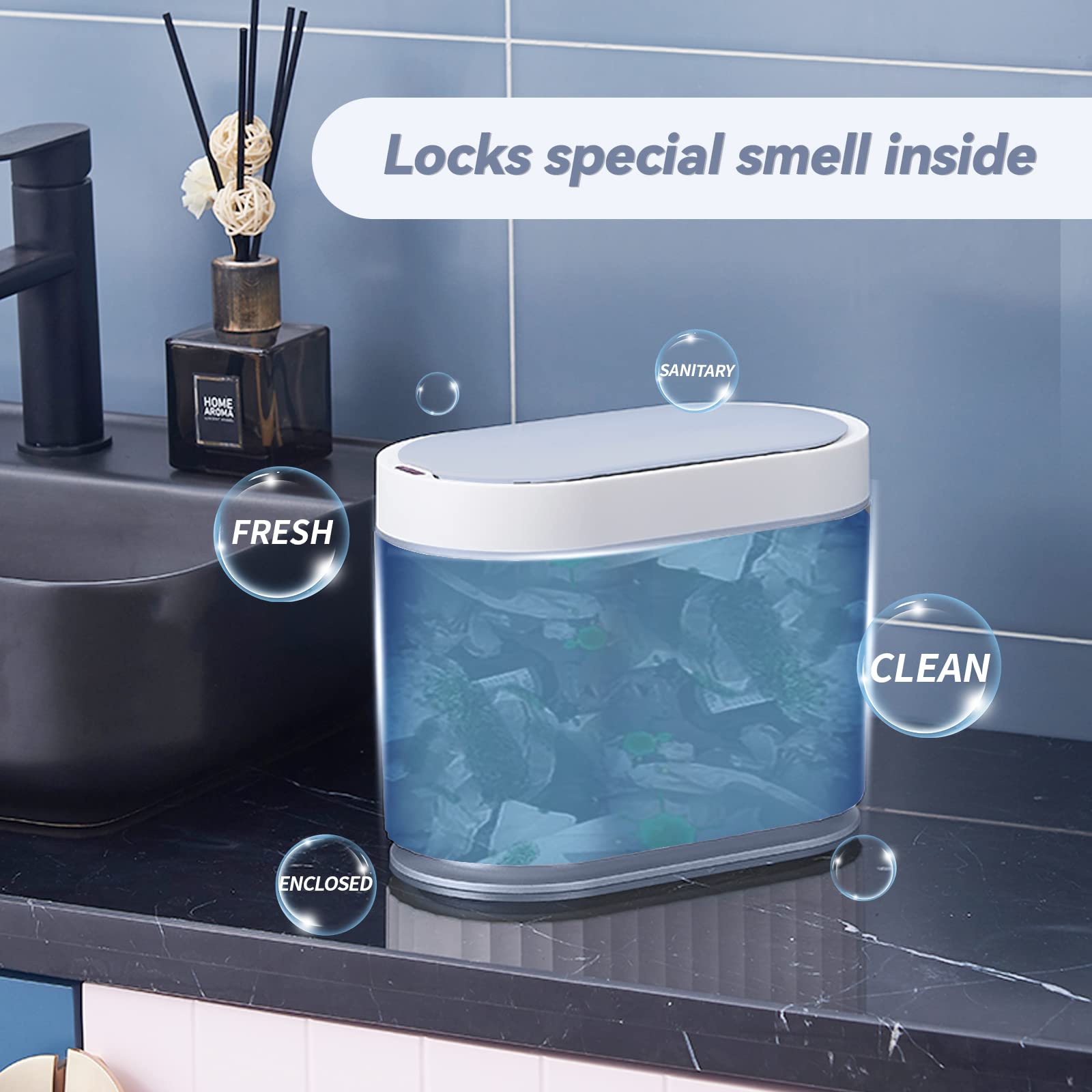 ELPHECO Mini Desktop Trash Can with Lid, Small Slim Automatic Garbage Can, 1.3 Gallon Motion Sensor Countertop Waste Basket for Bedroom, Office, Bathroom, White with Grey Trim