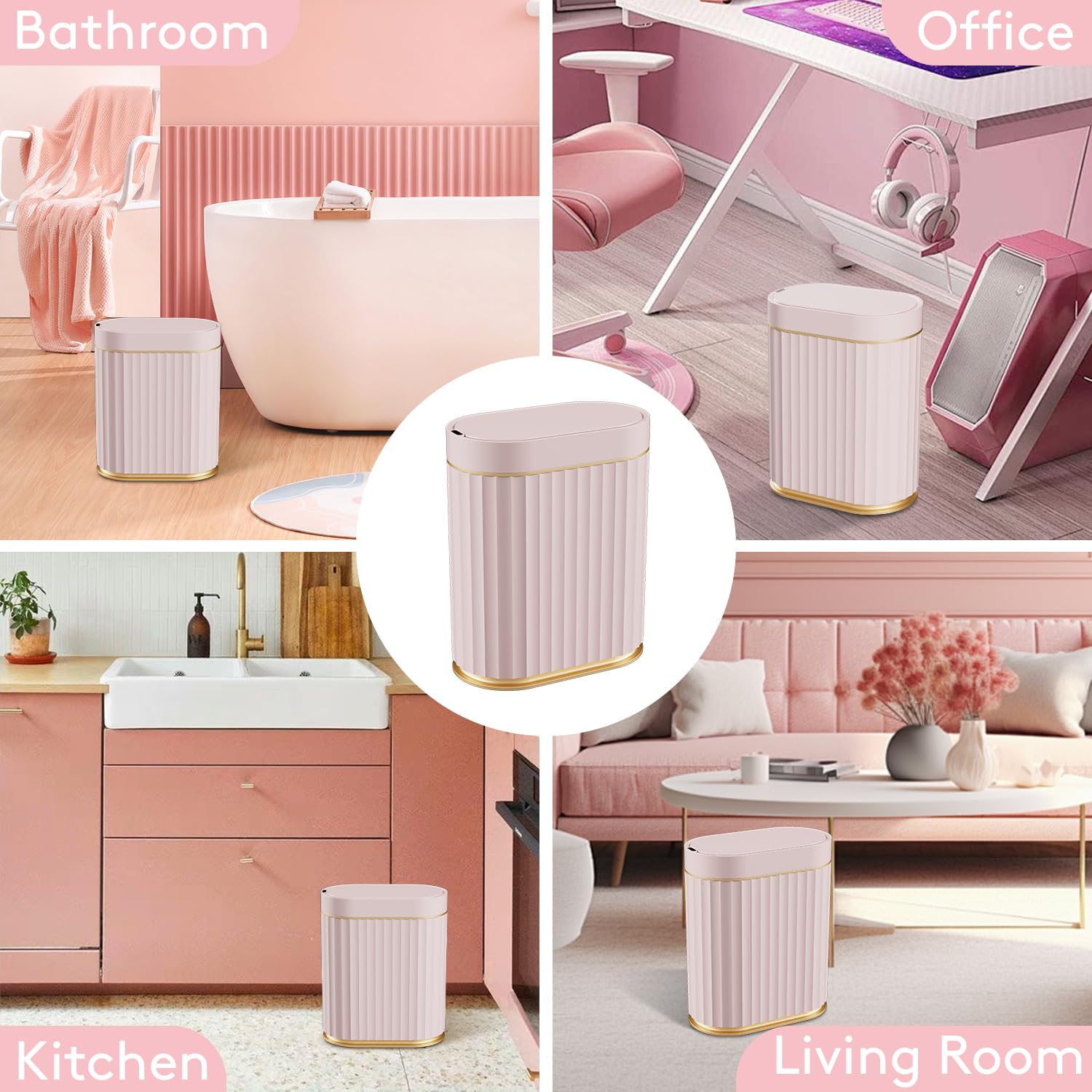 ELPHECO Mini Desktop Trash Can with Lid, Small Slim Automatic Garbage Can, 1.3 Gallon Motion Sensor Countertop Waste Basket for Bedroom, Office, Bathroom, White with Grey Trim