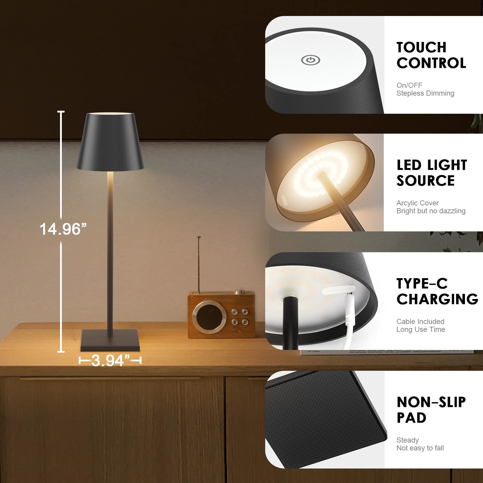 2-Pack LED Cordless Table Lamp, Rechargeable Battery Desk lamp 3W 5500mAh Battery Operated Stepless Dimming Modern Portable Table Light for Restaurant/Bedroom/Outdoor IP54 Waterproof (Off White)