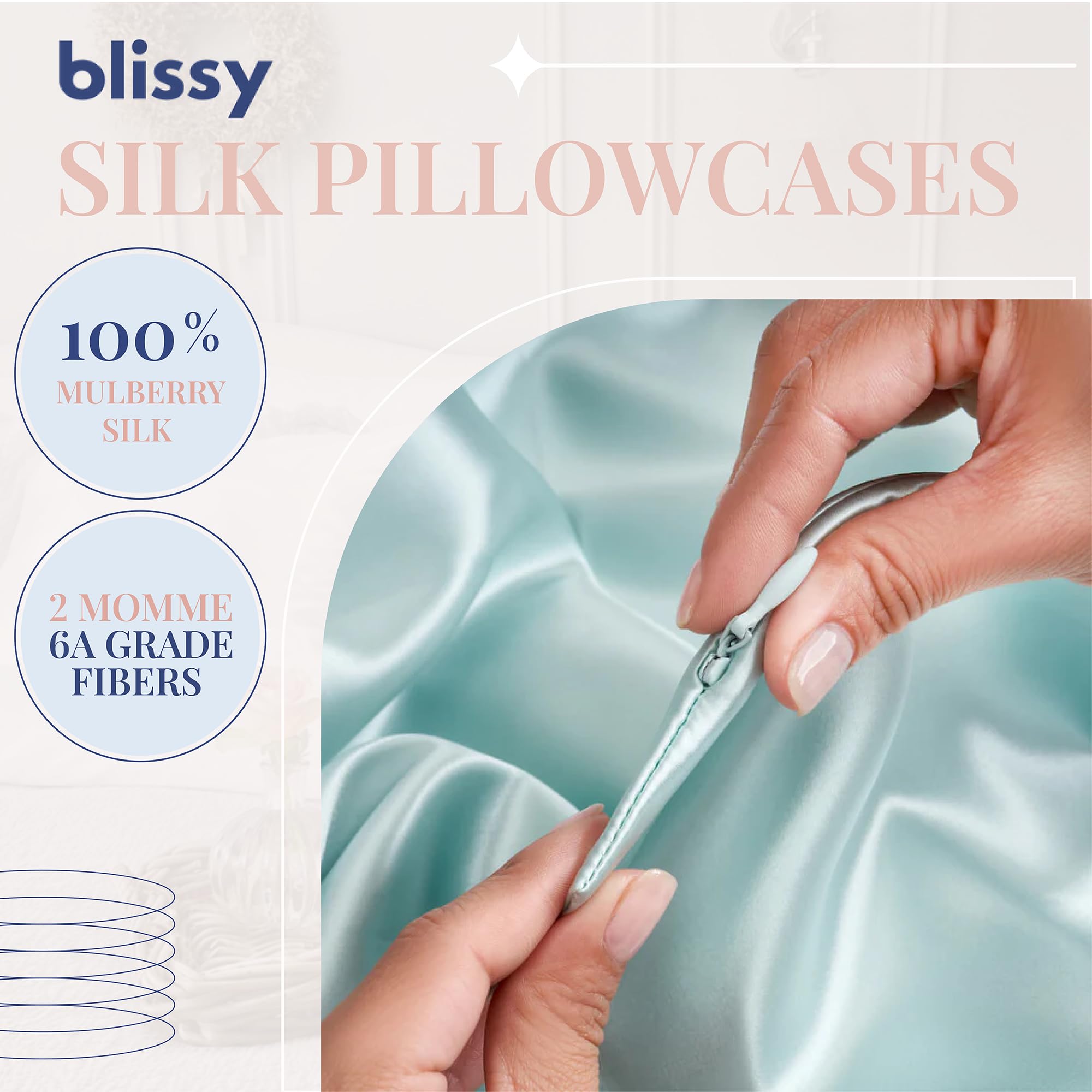 Blissy Silk Pillowcase - 100% Pure Mulberry Silk - 22 Momme 6A High-Grade Fibers - Silk Pillow Cover for Hair & Skin - Regular, Queen & King with Hidden Zipper (Standard,Blissy White)