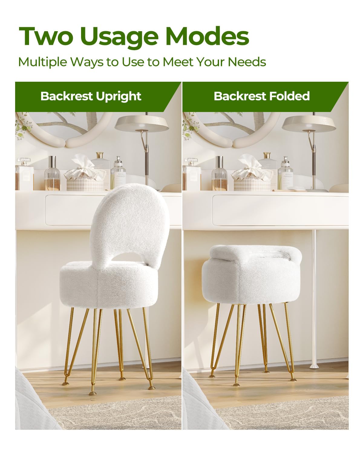 Greenstell Vanity Stool with Foldable Back, Vanity Chair with Storage, 13" Dx 27.7" H Faux Fur Soft Ottoman, 4 Metal Legs with Anti-Slip Feet, Small Furry Padded Seat for Makeup, Bedroom, White