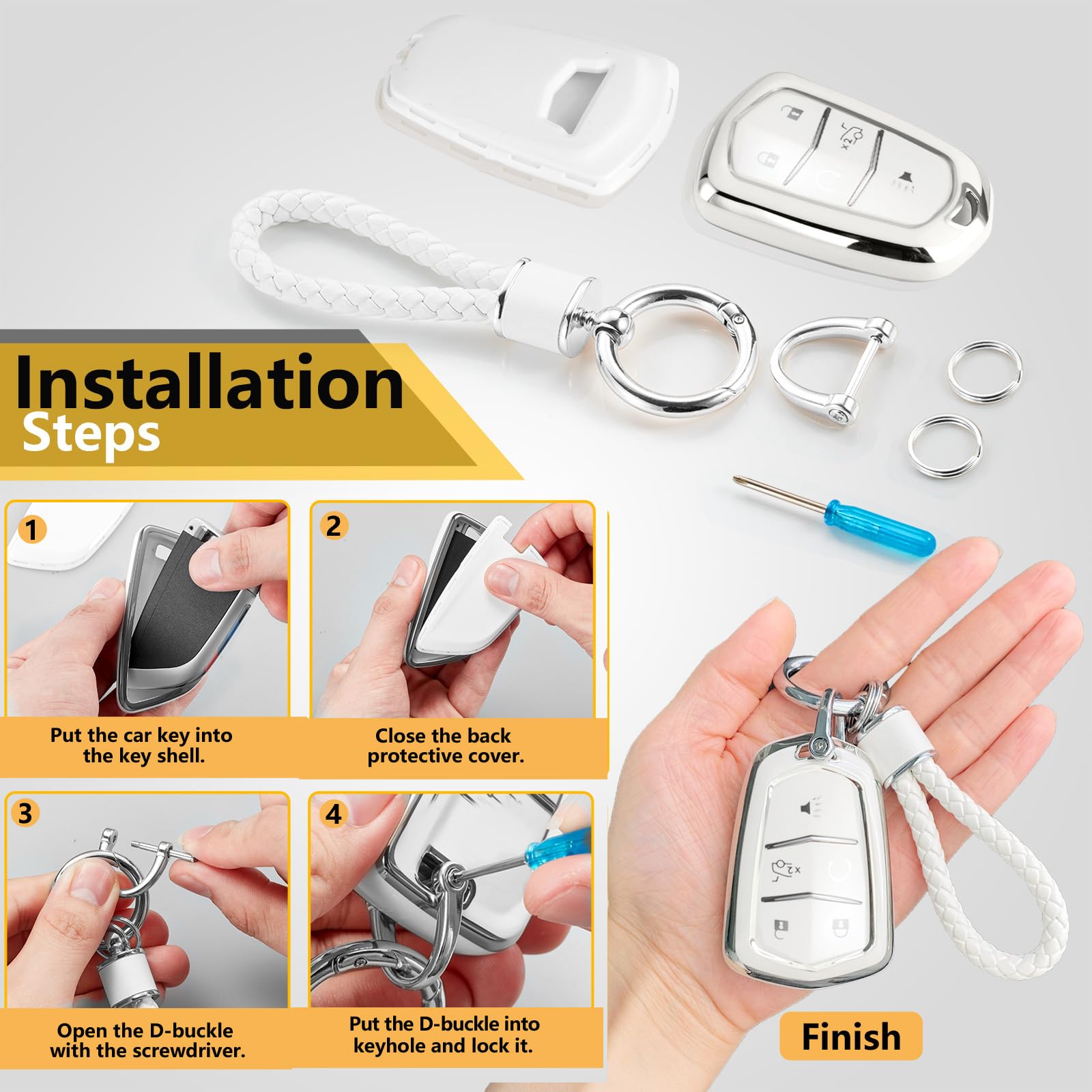 Cadillac Key Fob Cover with Metal Braided Rope Keychain, Upgraded Soft Key Case for 2015-2019 Escalade CTS SRX XT5 ATS STS CT6 (5 Button) (Gold Edge)