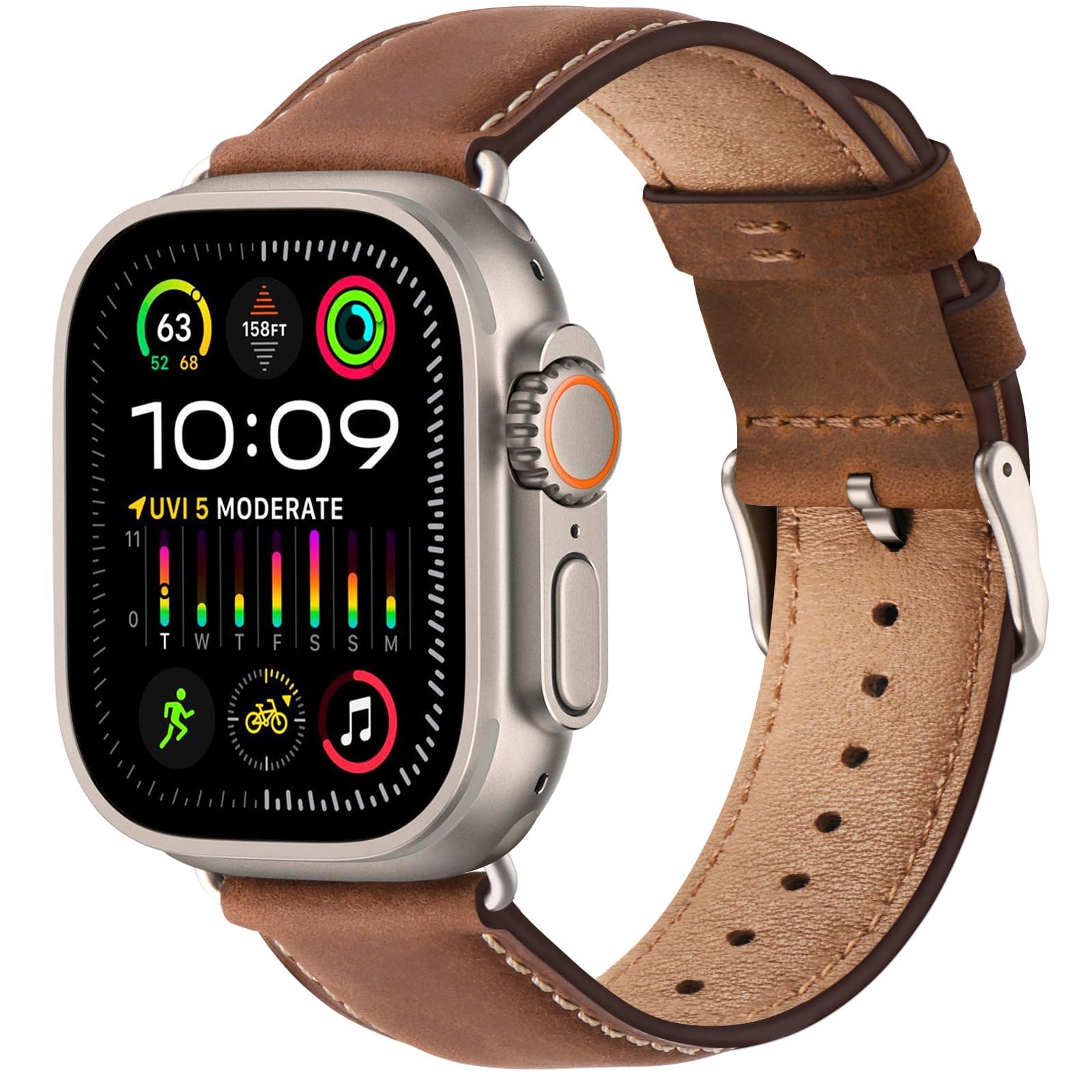 Bestig Compatible with Apple Watch Band 49mm 46mm 45mm 44mm 42mm(Series 3 2 1) Apple Watch Leather Bands Genuine Leather for iWatch Strap Ultra Series 10 9 8 7 6 5 4 SE Women Man-Redbrown/Black