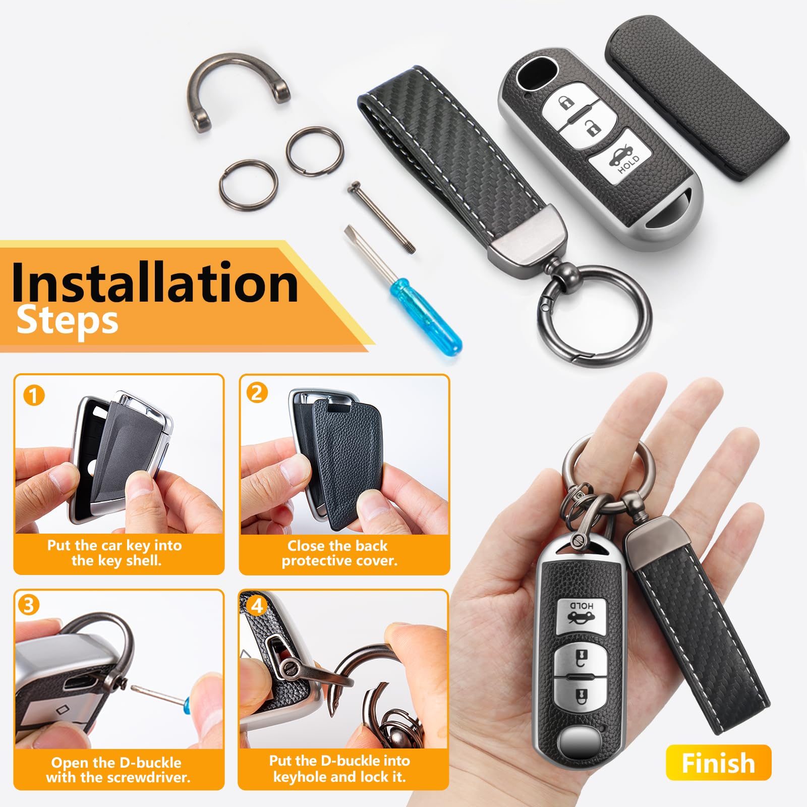 Cadillac Key Fob Cover with Metal Braided Rope Keychain, Upgraded Soft Key Case for 2015-2019 Escalade CTS SRX XT5 ATS STS CT6 (5 Button) (Gold Edge)