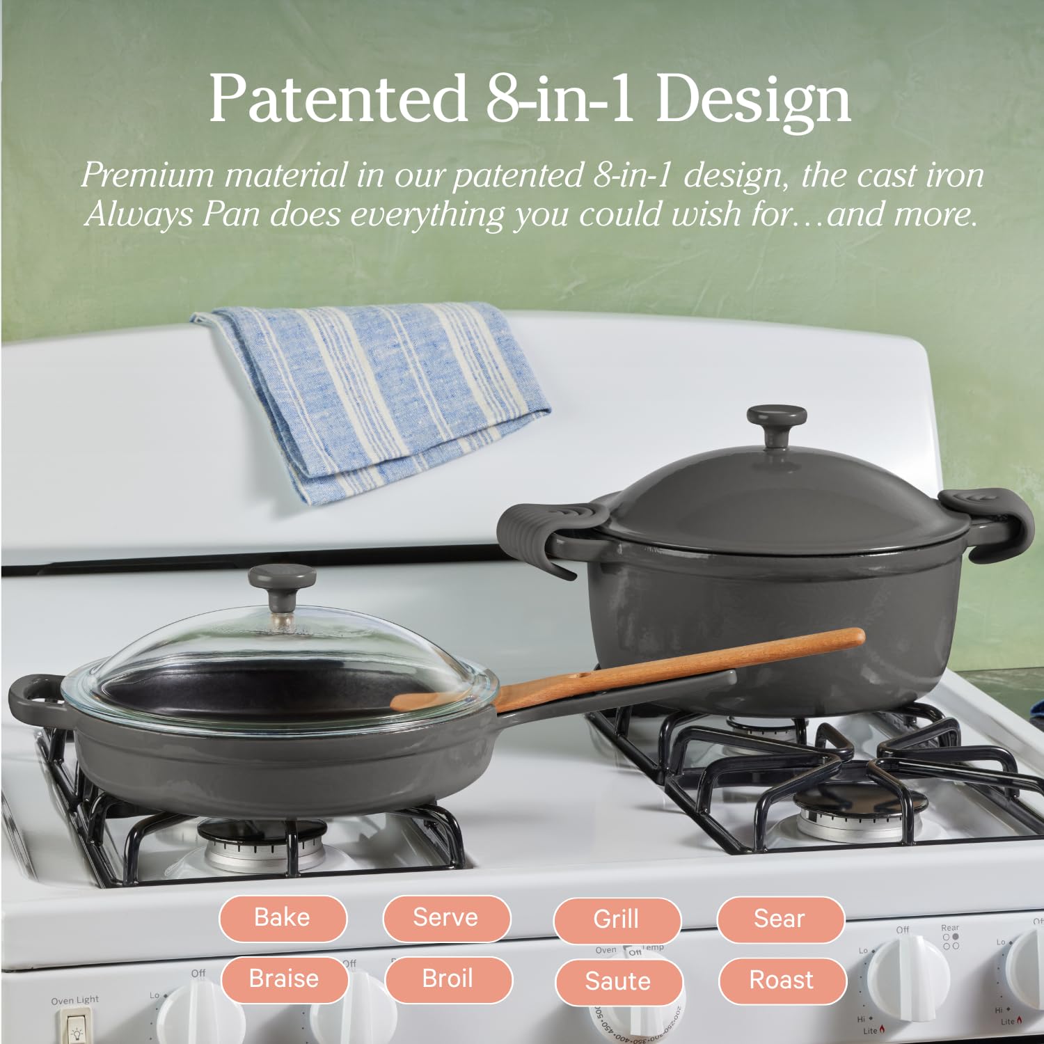 Our Place Cast Iron Always Pan | Premium Enameled, Toxin-Free Surface | 10-inch 8-in-1 Multifunctional Cookware System | Lid, Handle Covers | Heavy Duty Skillet | Oven & High Heat Safe | Sage