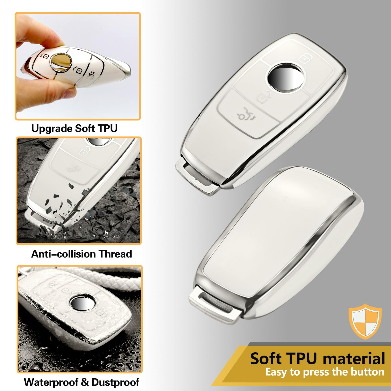 Cadillac Key Fob Cover with Metal Braided Rope Keychain, Upgraded Soft Key Case for 2015-2019 Escalade CTS SRX XT5 ATS STS CT6 (5 Button) (Gold Edge)