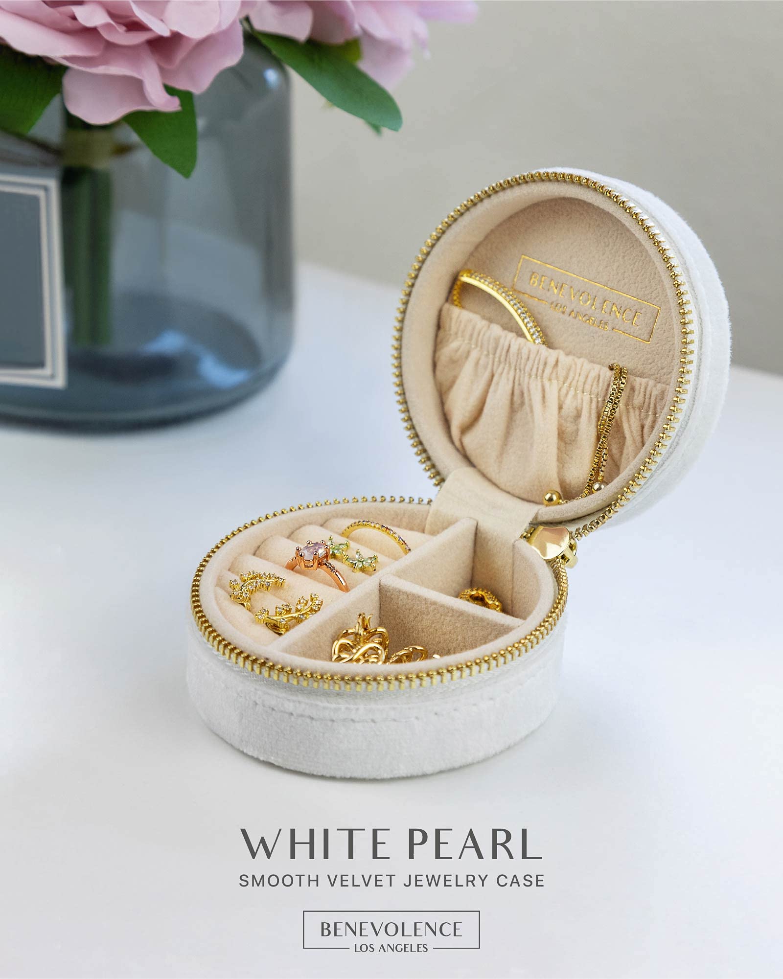 Benevolence LA Plush Velvet Travel Jewelry Storage Box | Travel Jewelry Case Small Jewelry Box for Women | Jewelry Travel Organizer | Earring Organizer with Mirror - Dusty Pink