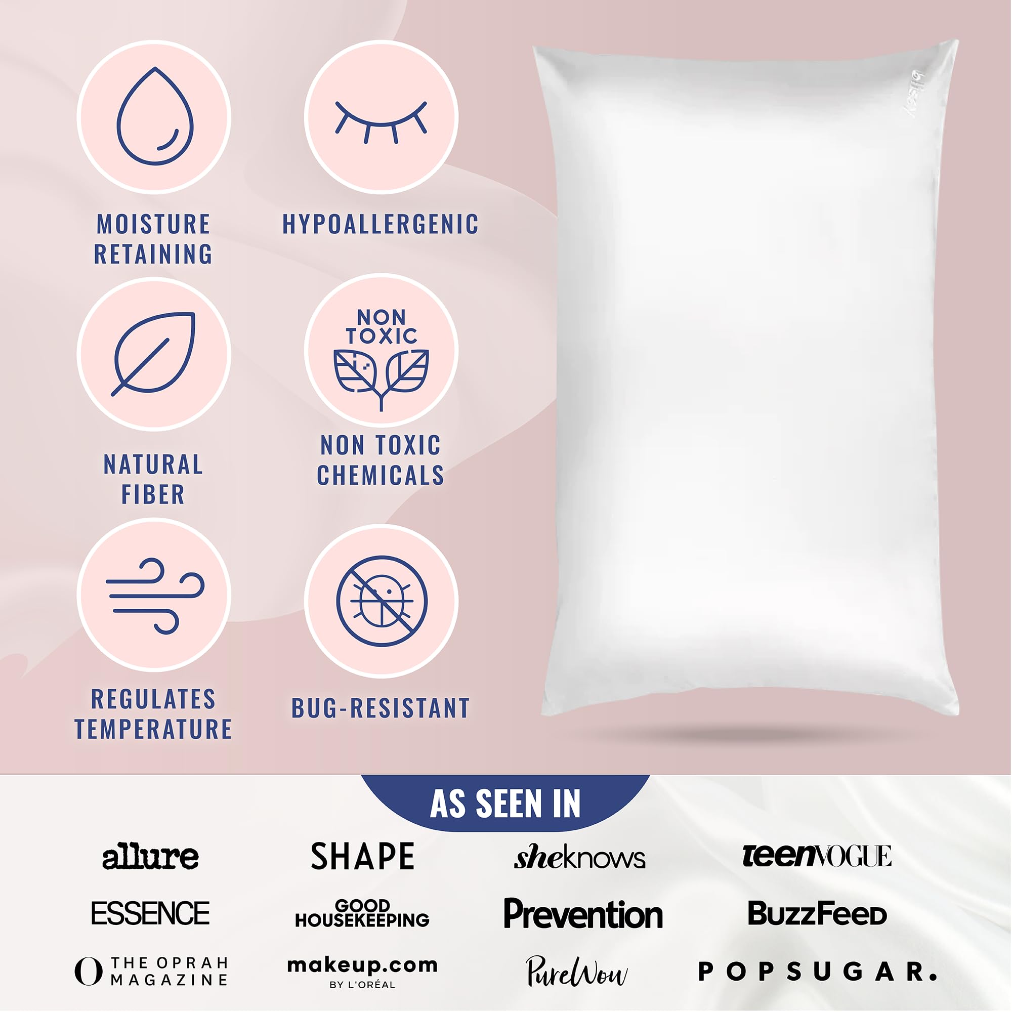 Blissy Silk Pillowcase - 100% Pure Mulberry Silk - 22 Momme 6A High-Grade Fibers - Silk Pillow Cover for Hair & Skin - Regular, Queen & King with Hidden Zipper (Standard,Blissy White)