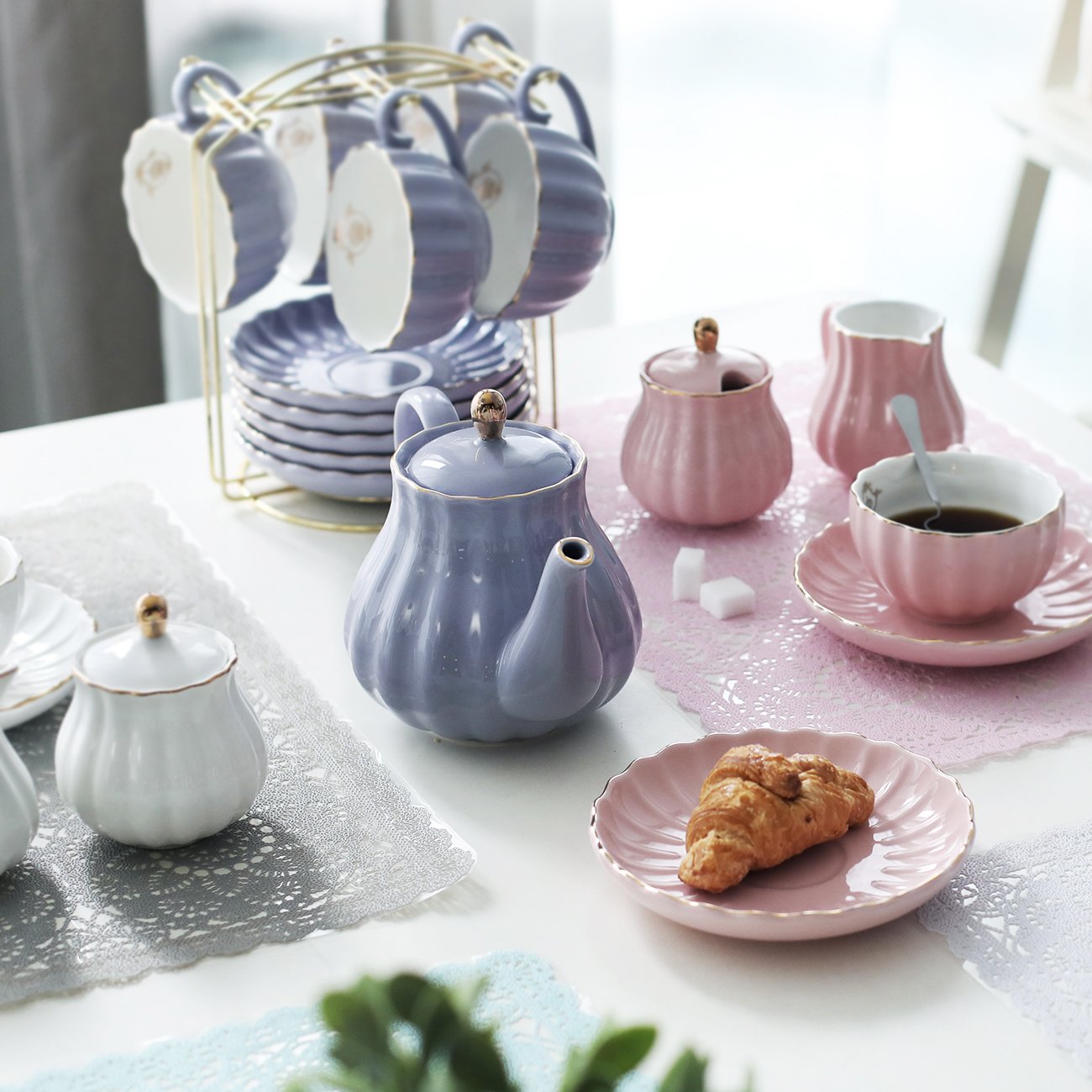 Sweejar Porcelain Tea Sets British Royal Series and 3 Tier Ceramic Cake Stand(Pink)