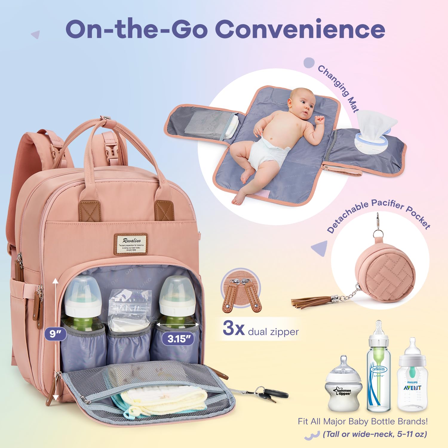 RUVALINO Diaper Bag Backpack, Multifunction Travel Pack Maternity Baby Changing Bags, Large Capacity, Waterproof, Beige