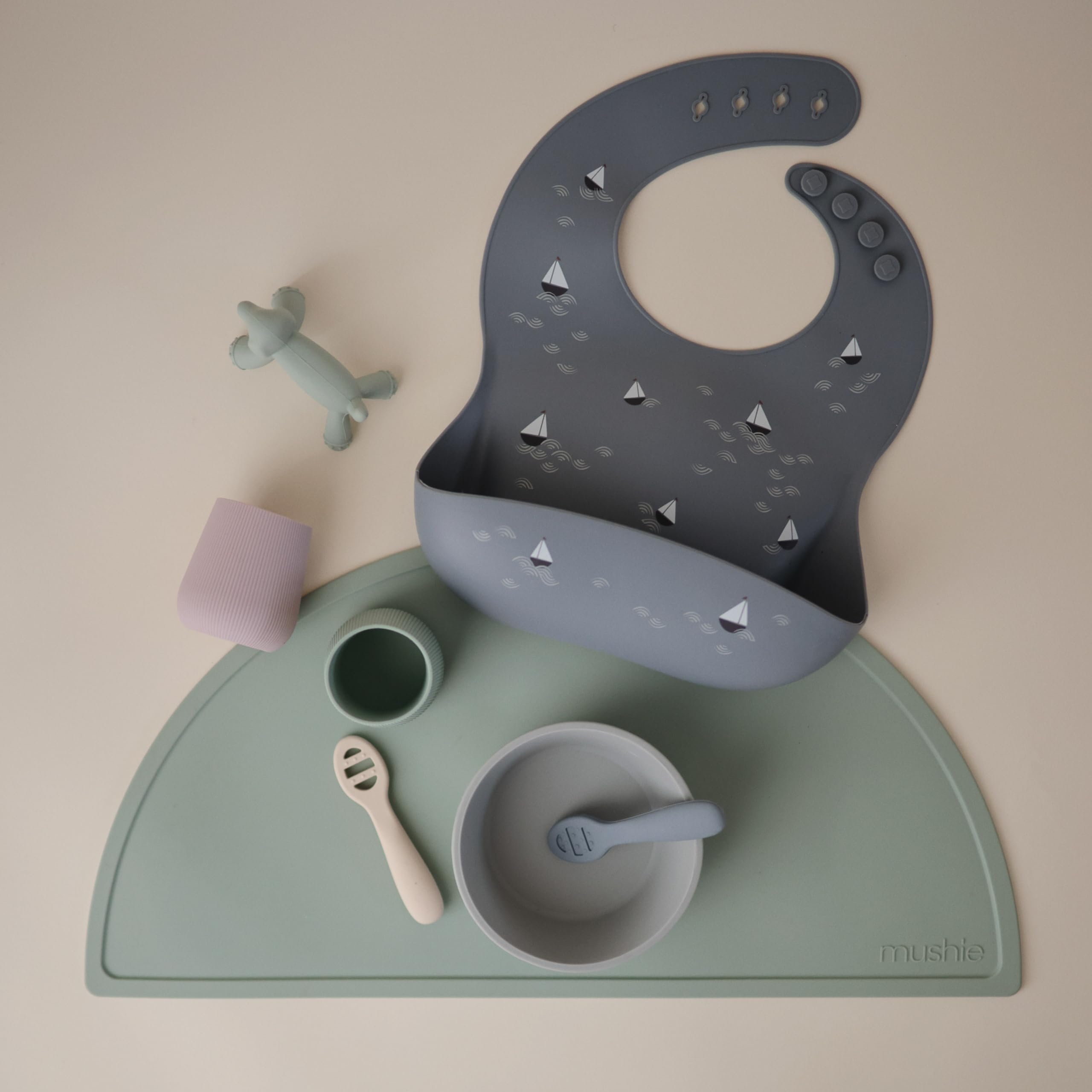 mushie Silicone Baby Bib | Adjustable Fit Waterproof Bibs (Whales)