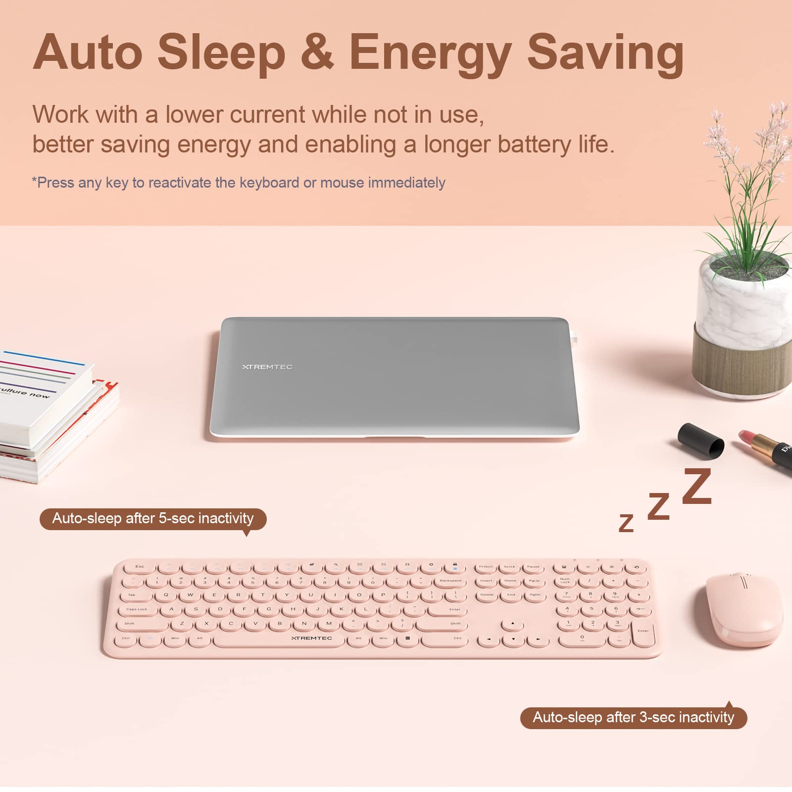 Wireless Keyboard and Mouse, XTREMTEC Cute Keyboard Retro Round Keycap - 2.4GHz Ultra-Slim Quiet Aesthetic Keyboard for Mac Computer Laptop PC Desktops (Rosegold)