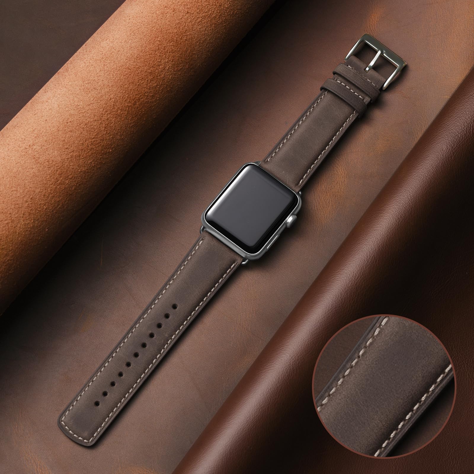 Bestig Compatible with Apple Watch Band 49mm 46mm 45mm 44mm 42mm(Series 3 2 1) Apple Watch Leather Bands Genuine Leather for iWatch Strap Ultra Series 10 9 8 7 6 5 4 SE Women Man-Redbrown/Black