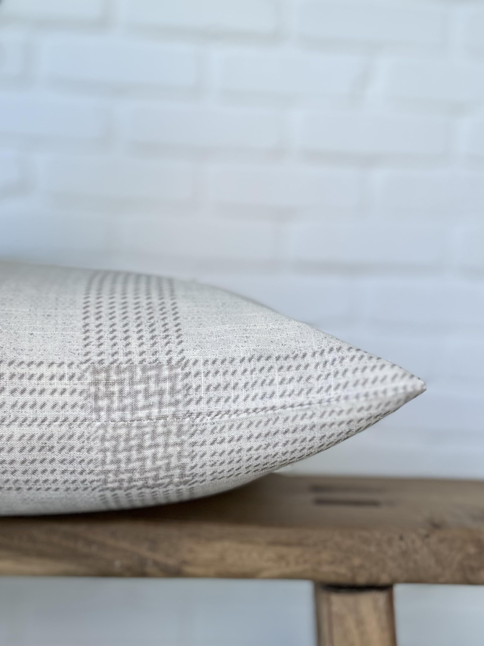 Pillow Cover 100% Linen 20 x 20 inches Double Sided Block Print with Zipper for Easy Removal Home Decor Shabby Chic Farmhouse Neutral Decorative Sofa Couch Accent (Plaid White Grey)