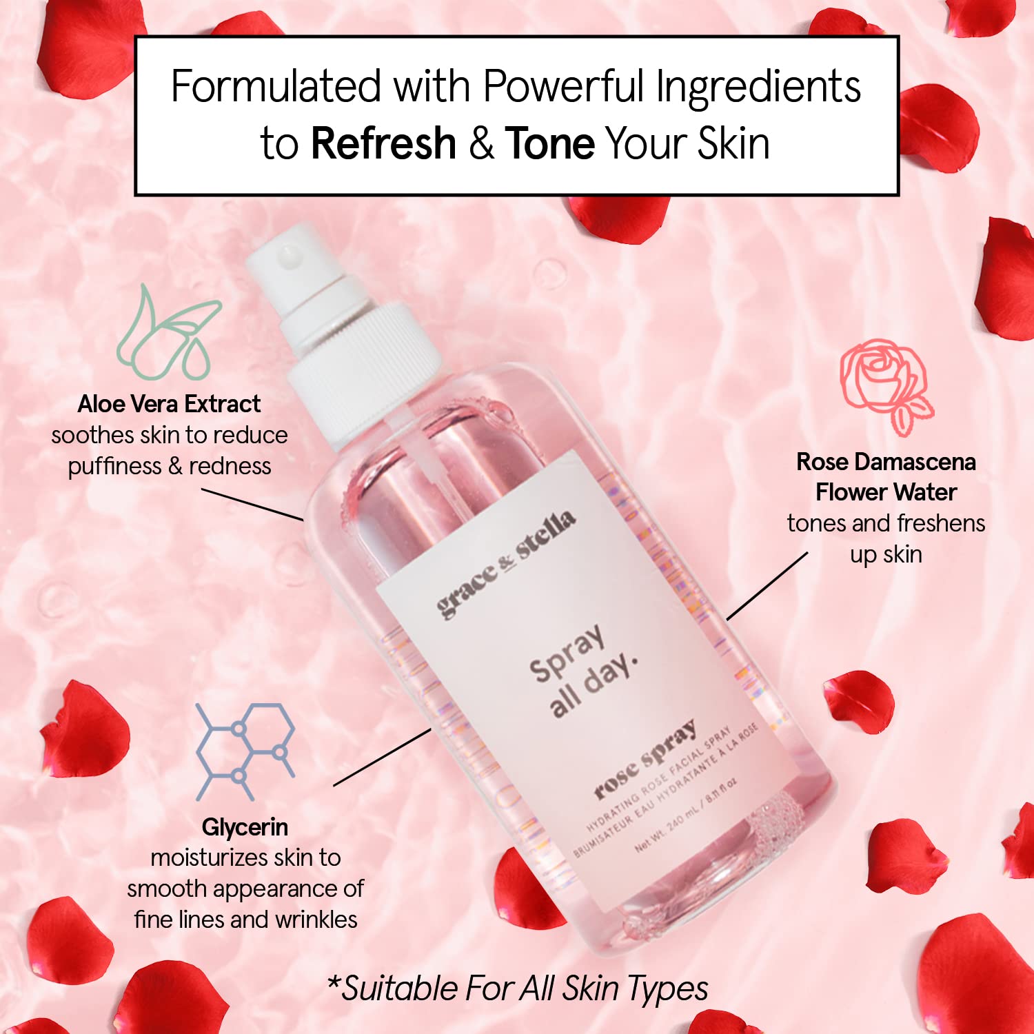 grace & stella Award Winning Rose Water Facial Spray (240ml) - Vegan