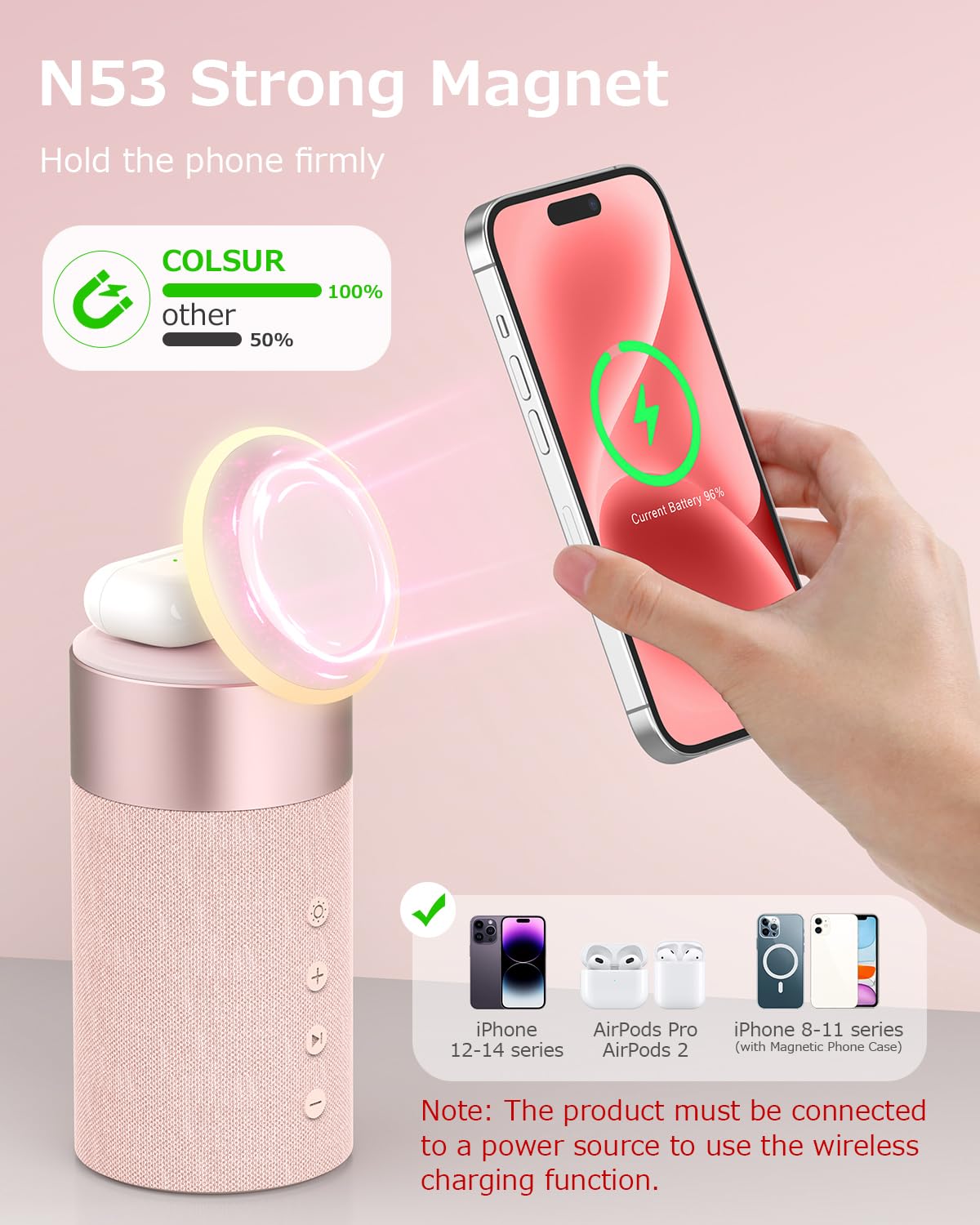 COLSUR Bluetooth Speaker, Magnetic Wireless Charger, Bluetooth Speakers with Night Light, 2 in 1 Wireless Charging Station for iPhone 16/15/14/13/12 Series, AirPods Pro/3/2(Gift Ideal)