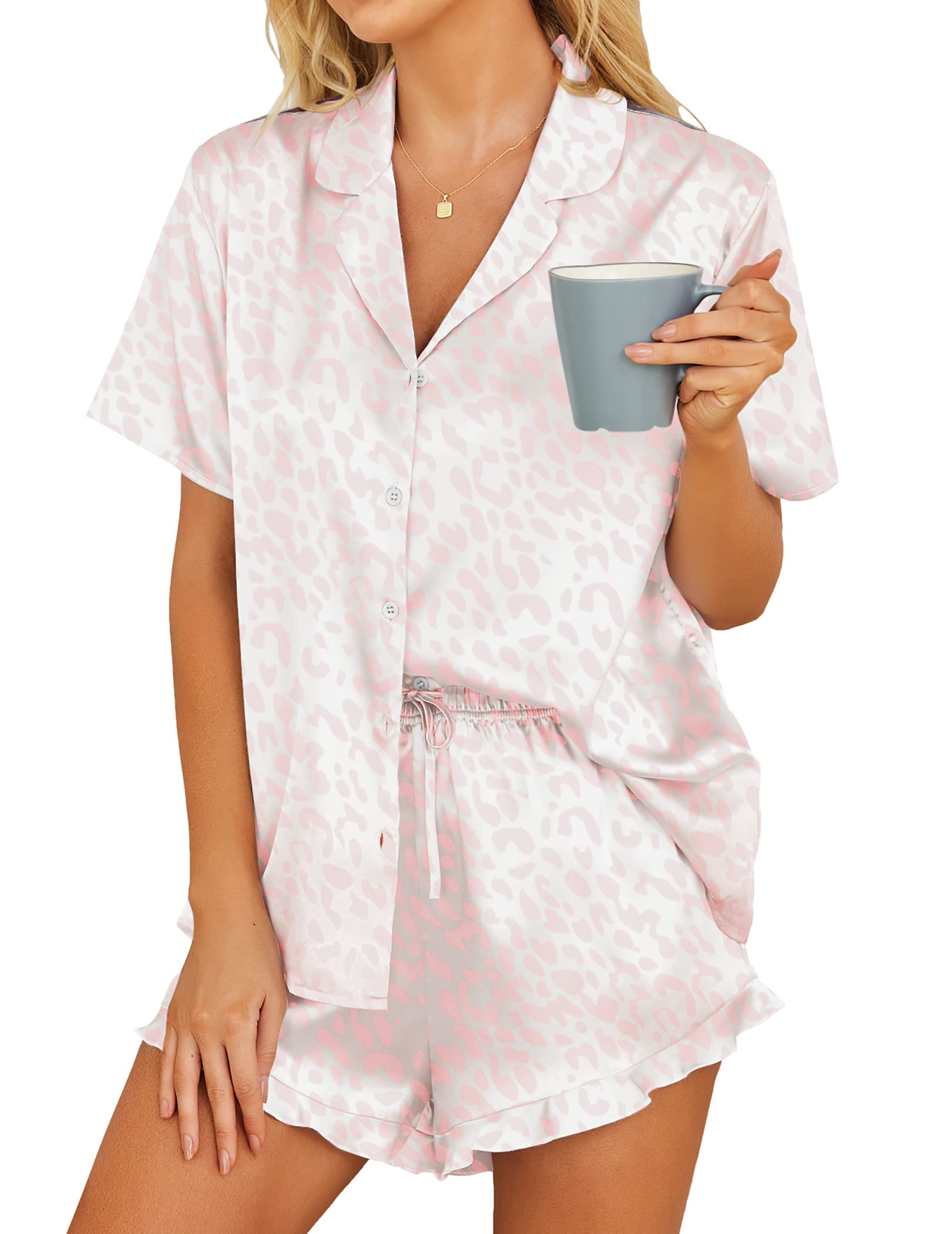 HOTOUCH Womens Satin Pajamas Set Button Down 2 Piece Silk Pjs Shorts Set Ruffle Lingerie Notch Collar Sleepwear