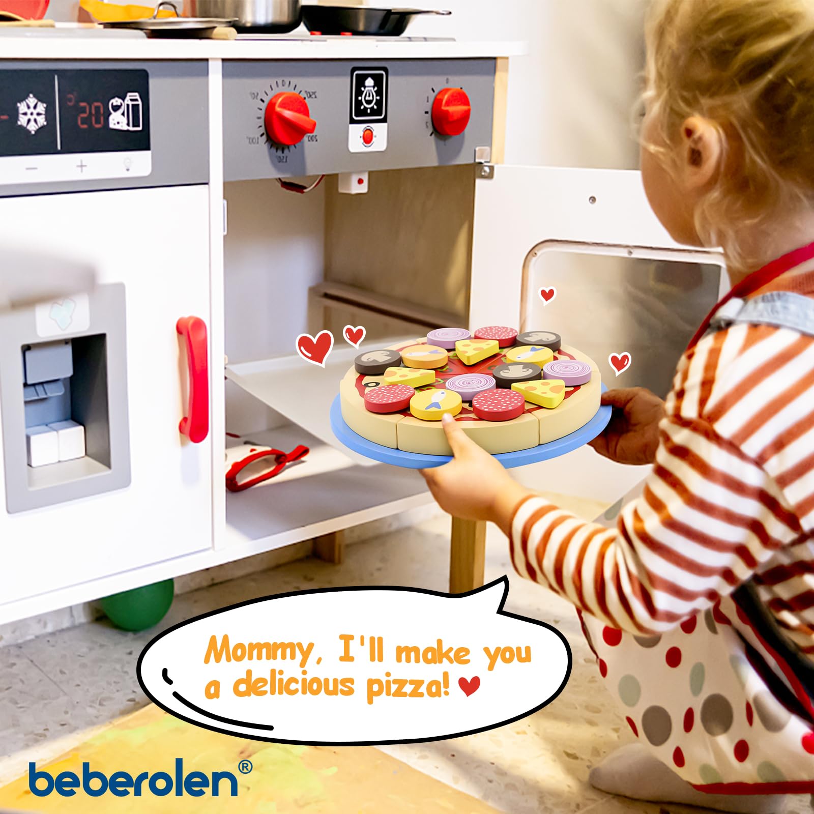 Beberolen Wooden Pizza Toy Play Food Set for Kids Pretend Play Kitchen Accessories Cutting Food Toys for 3 4 5 Years Old Toddlers Boys Girls