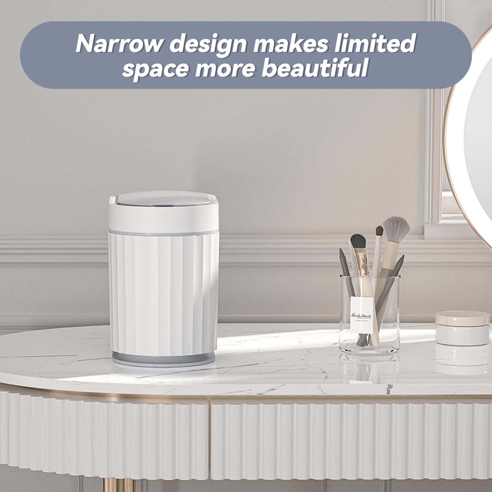 ELPHECO Mini Desktop Trash Can with Lid, Small Slim Automatic Garbage Can, 1.3 Gallon Motion Sensor Countertop Waste Basket for Bedroom, Office, Bathroom, White with Grey Trim