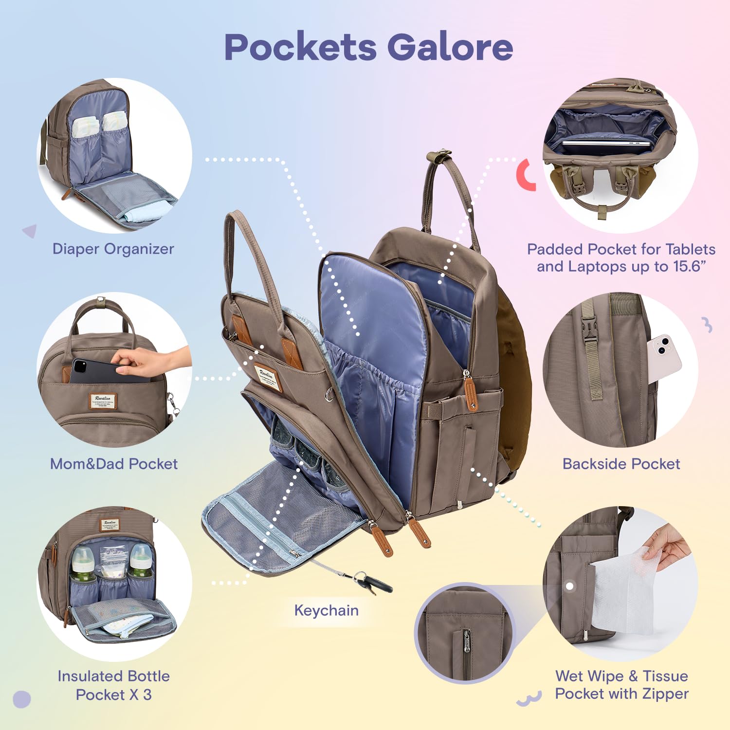 RUVALINO Diaper Bag Backpack, Multifunction Travel Pack Maternity Baby Changing Bags, Large Capacity, Waterproof, Beige