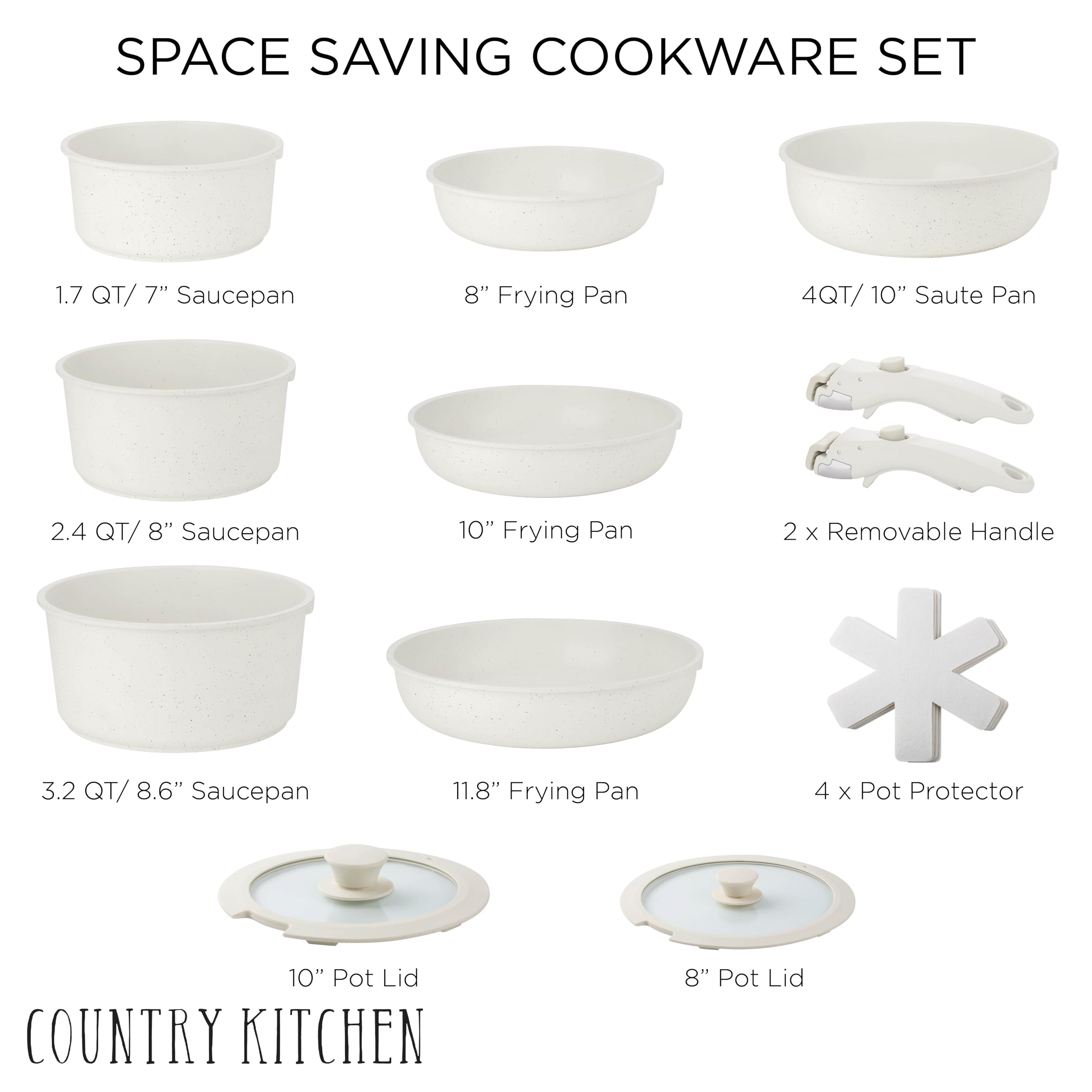 Country Kitchen Cookware Set with Removable Handle, Oven & RV Safe Pots and Pans Set, Cream, Deluxe Larger Set
