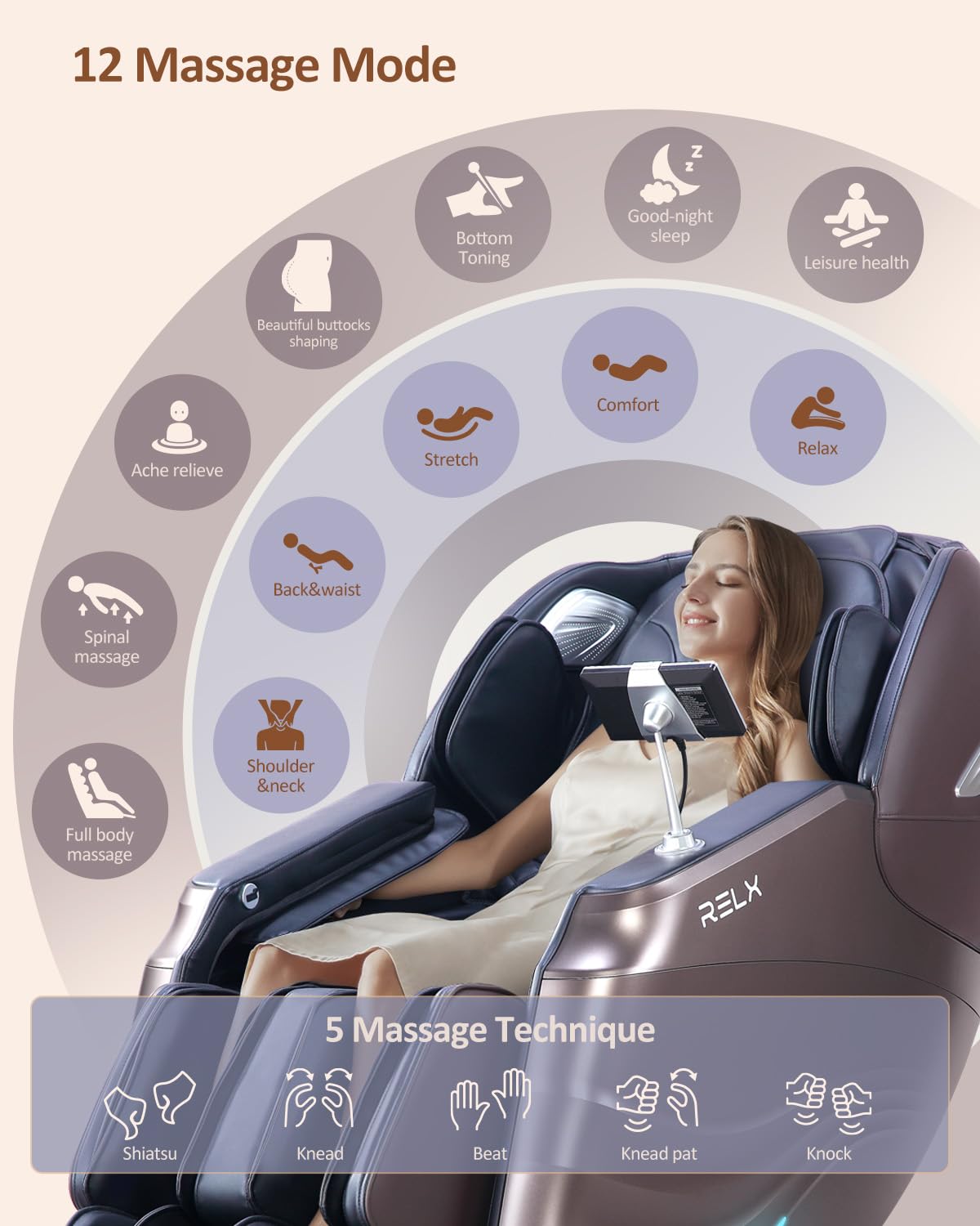 RELX Massage Chair Full Body Zero Gravity SL-Track Shiatsu Massage Chair, 12 Modes, Airbag Massage, with Yoga Stretch, Foot Massage, AI Control (Cream)
