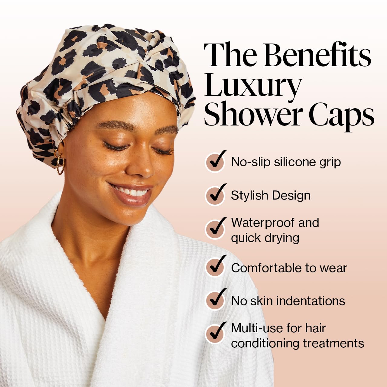 Kitsch Luxury Shower Cap for Women - Reusable Shower Cap for Long Hair with Non Slip Silicon Grip | Waterproof Hair Cap for Shower with One Size Fits Most | Stylish Hair Cover for Shower (Blush Dot)