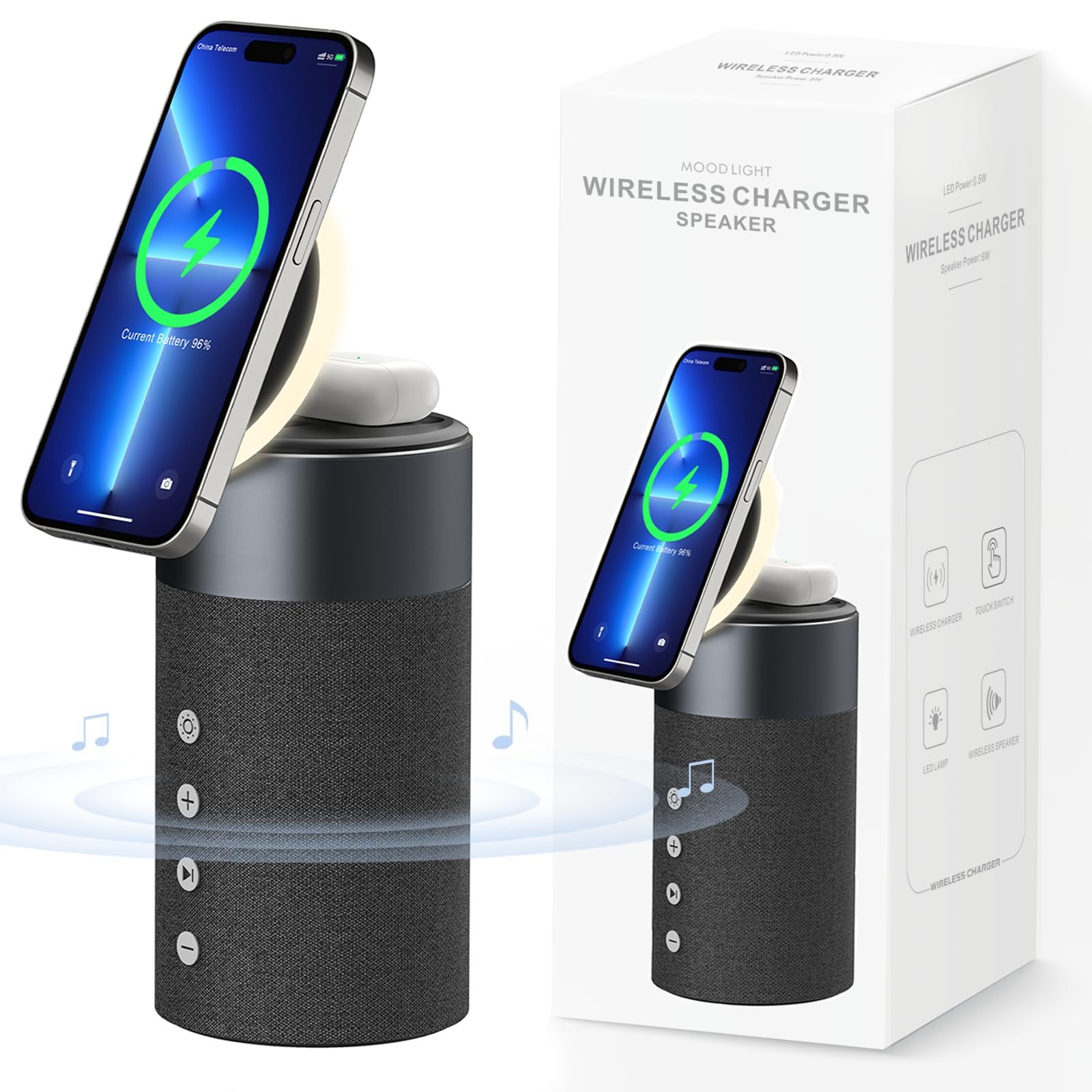 COLSUR Bluetooth Speaker, Magnetic Wireless Charger, Bluetooth Speakers with Night Light, 2 in 1 Wireless Charging Station for iPhone 16/15/14/13/12 Series, AirPods Pro/3/2(Gift Ideal)