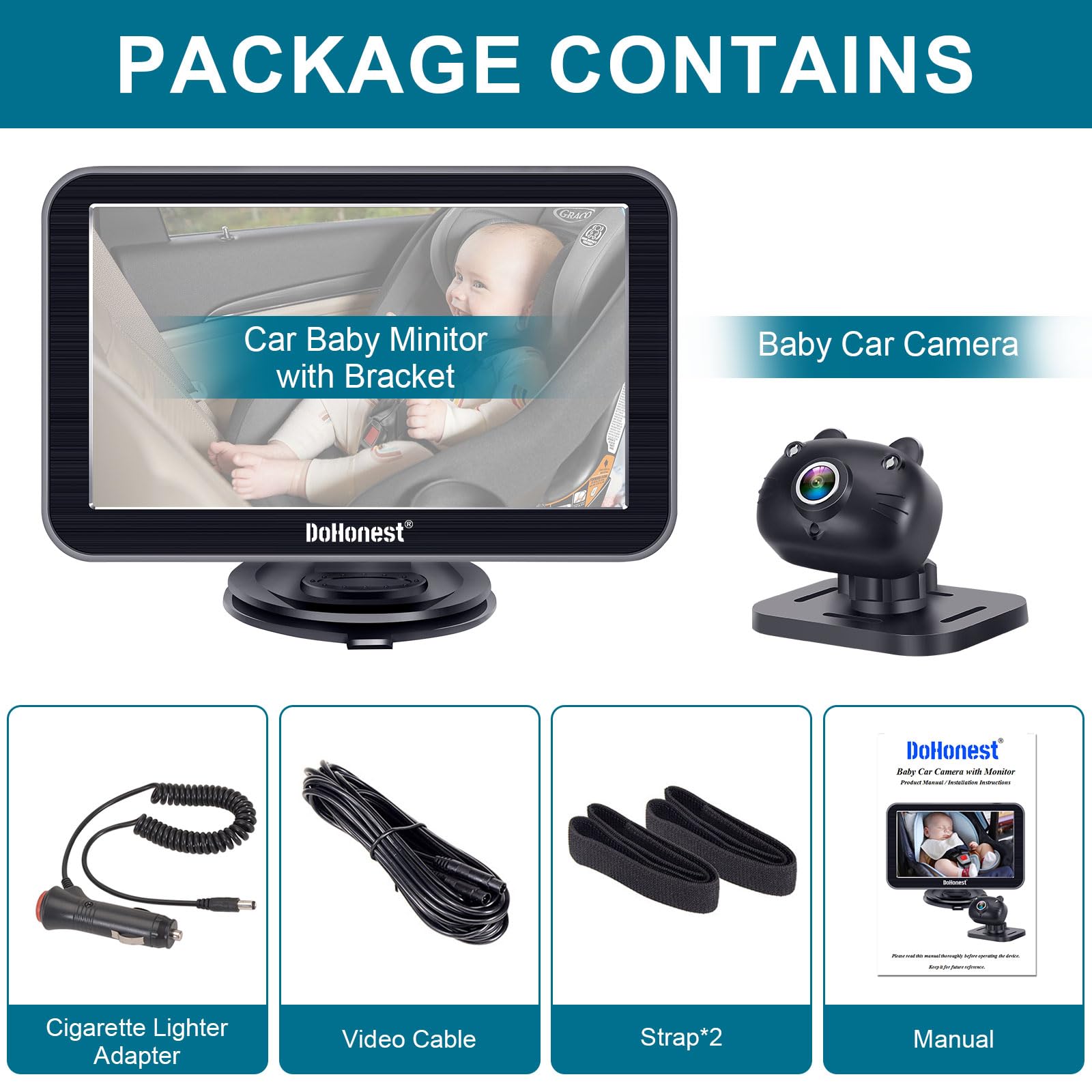 DoHonest Baby Car Camera 7-Inch: USB Plug and Play Easy Setup 360 Degree Rotating Backseat Camera Two Kids HD 1080P Rear Facing Car Seat Camera Clear Night Vision -V9 Black