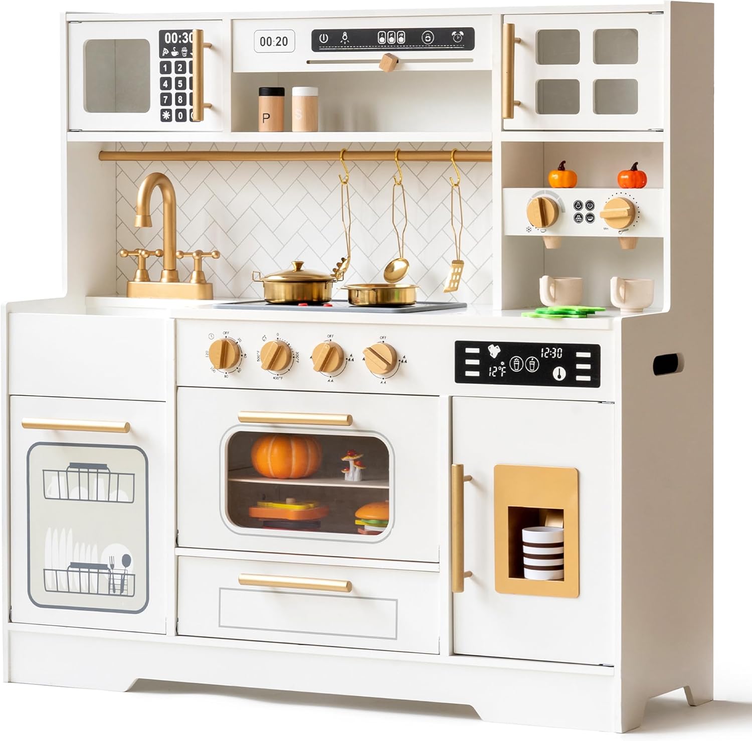 Interactive Wooden Play Kitchen Set for Kids: Realistic Features with Extended Storage and 15 pcs Kitchen Accessories, Ideal Pretend Playset Gift for Toddlers and Children Ages 3+