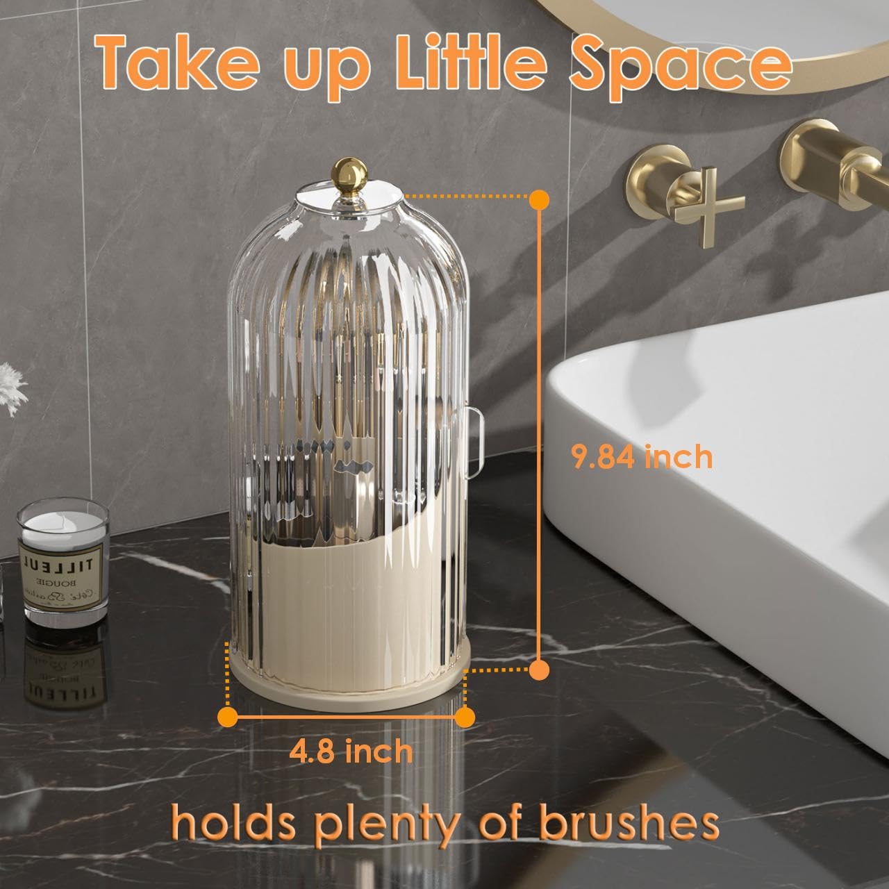 Makeup Brush Holder Organizer with Lid,360 Rotating Clear Dustproof Makeup Brushes Organizer for Vanity Desktop Bathroom Countertop (Transparent)