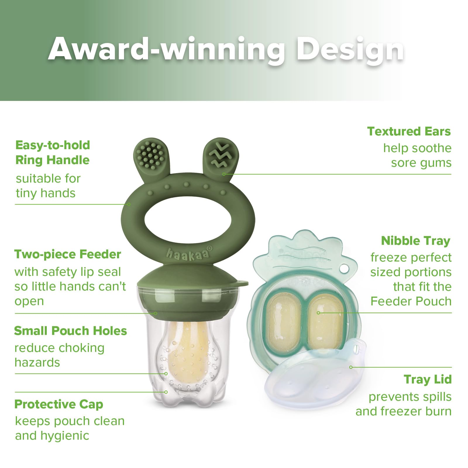 Haakaa Baby Fruit Food Feeder & Mini Freezer Nibble Tray Combo, Breastmilk Popsicle Molds for Cooling Relief, BPA Free Silicone Feeder for Safe Infant Self Feeding, 4 Month+ (Pea Green)