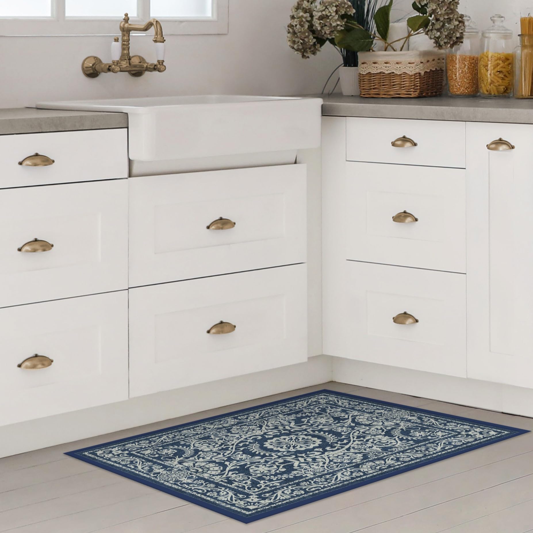 RUGGABLE Washable 2x3 Area Rug, Delphina Delft Blue, Premium Vintage Rugs for Living Room, Bedroom, Kitchen, Office, Classroom with Gripper Non Slip Pad