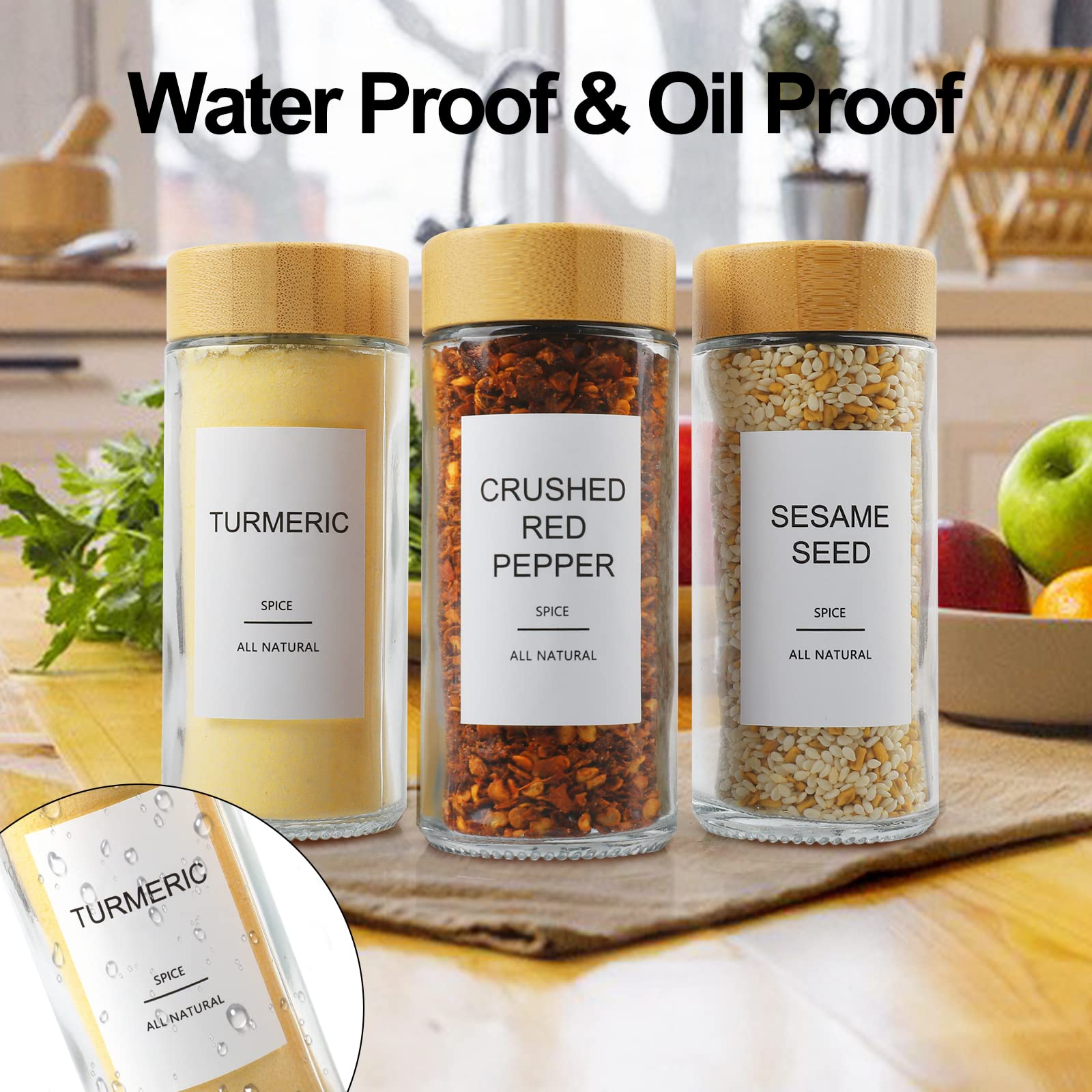 AISIPRIN 24 Pcs Glass Spice Jars with Bamboo Airtight Lids and 398 Labels, 4oz Empty Square Containers Seasoning Storage Bottles - Shaker Lids, Funnel, Brush and Marker Included